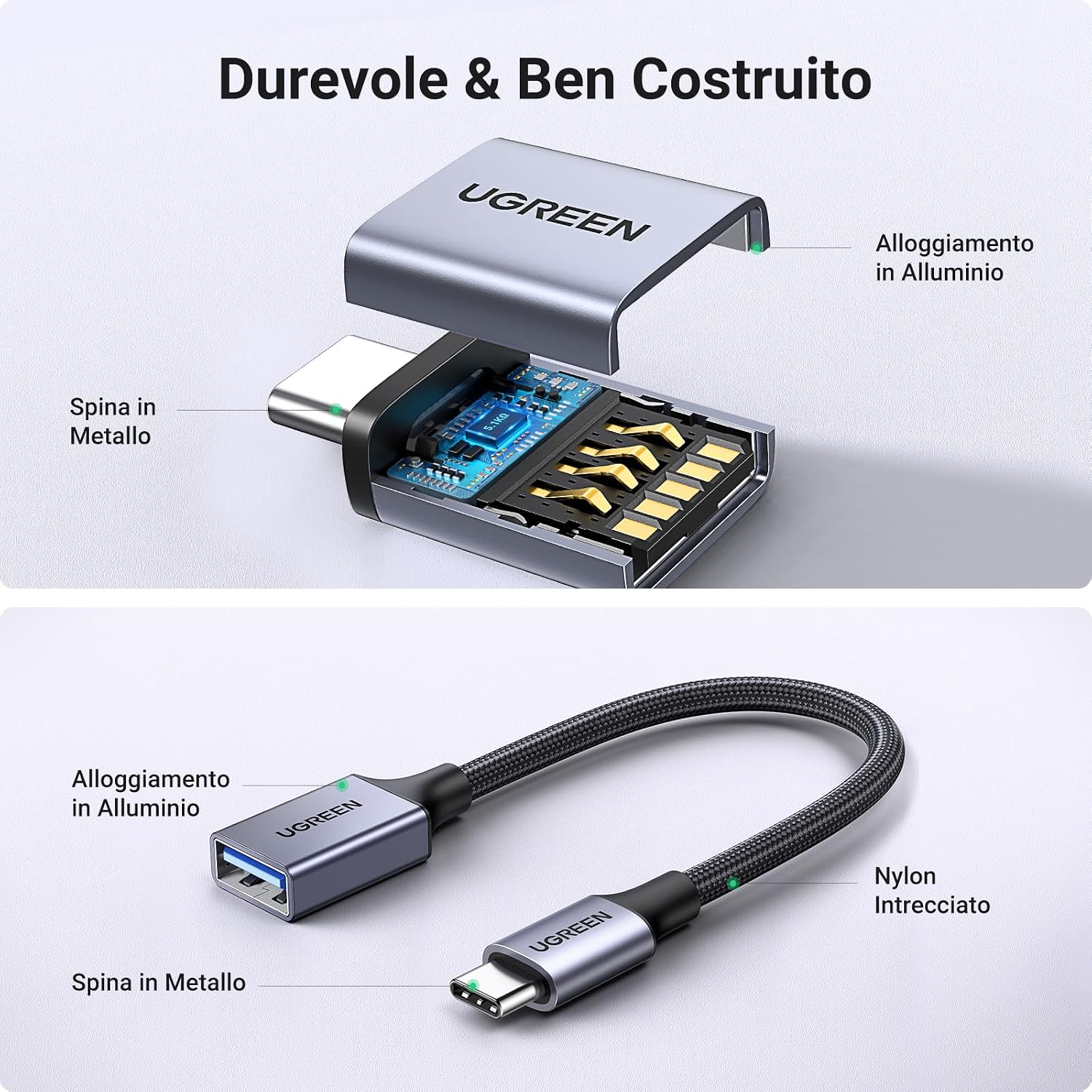 Detalle de UGREEN Adattatore USB-C OTG a USB 3.0 Type A in alluminio (2 pezzi) con velocità dati fino a 5 Gbps