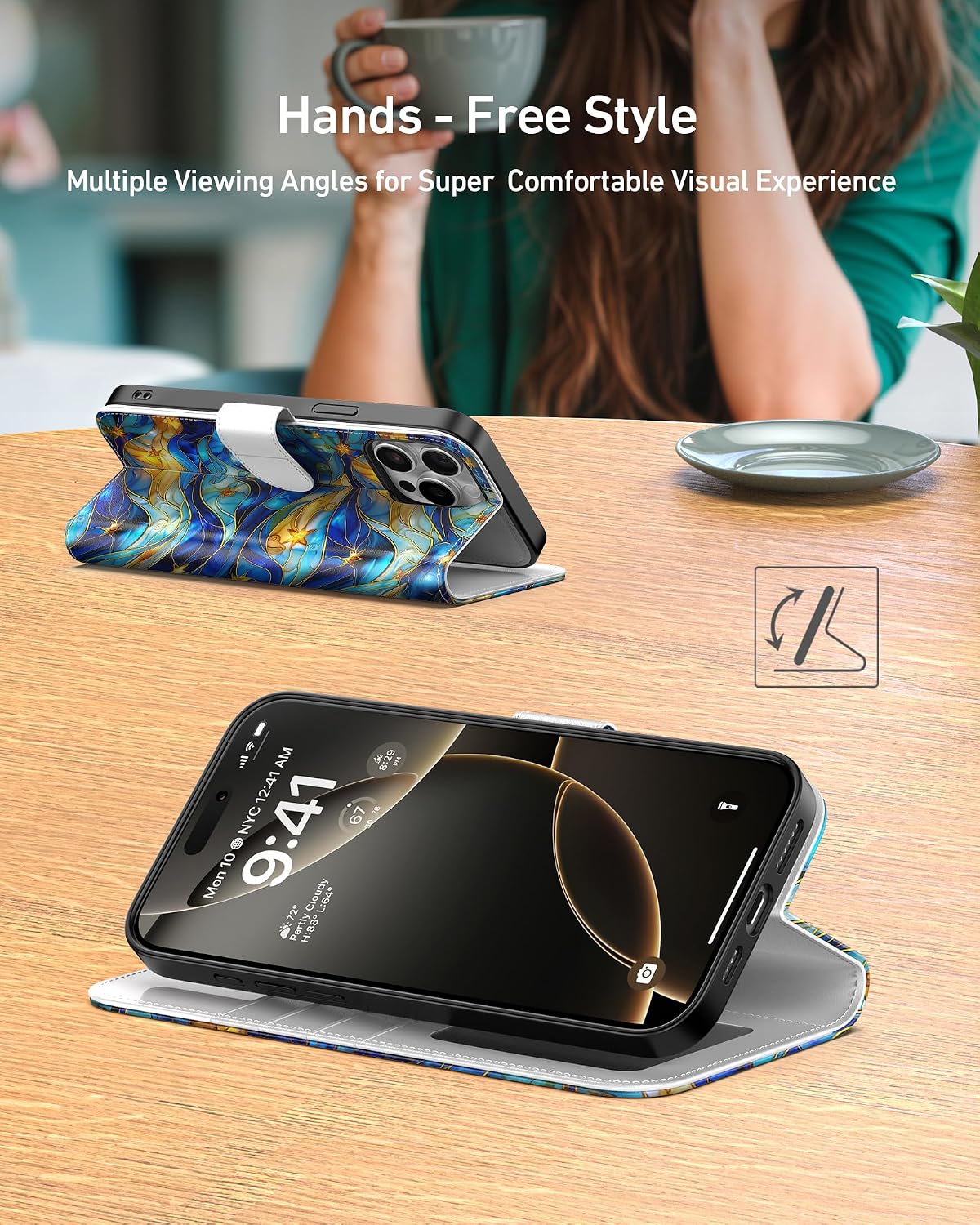 Detalle de DEENAKIN iPhone 15 Pro Max Case, Wallet Cover with 3 Card Slots and Kickstand