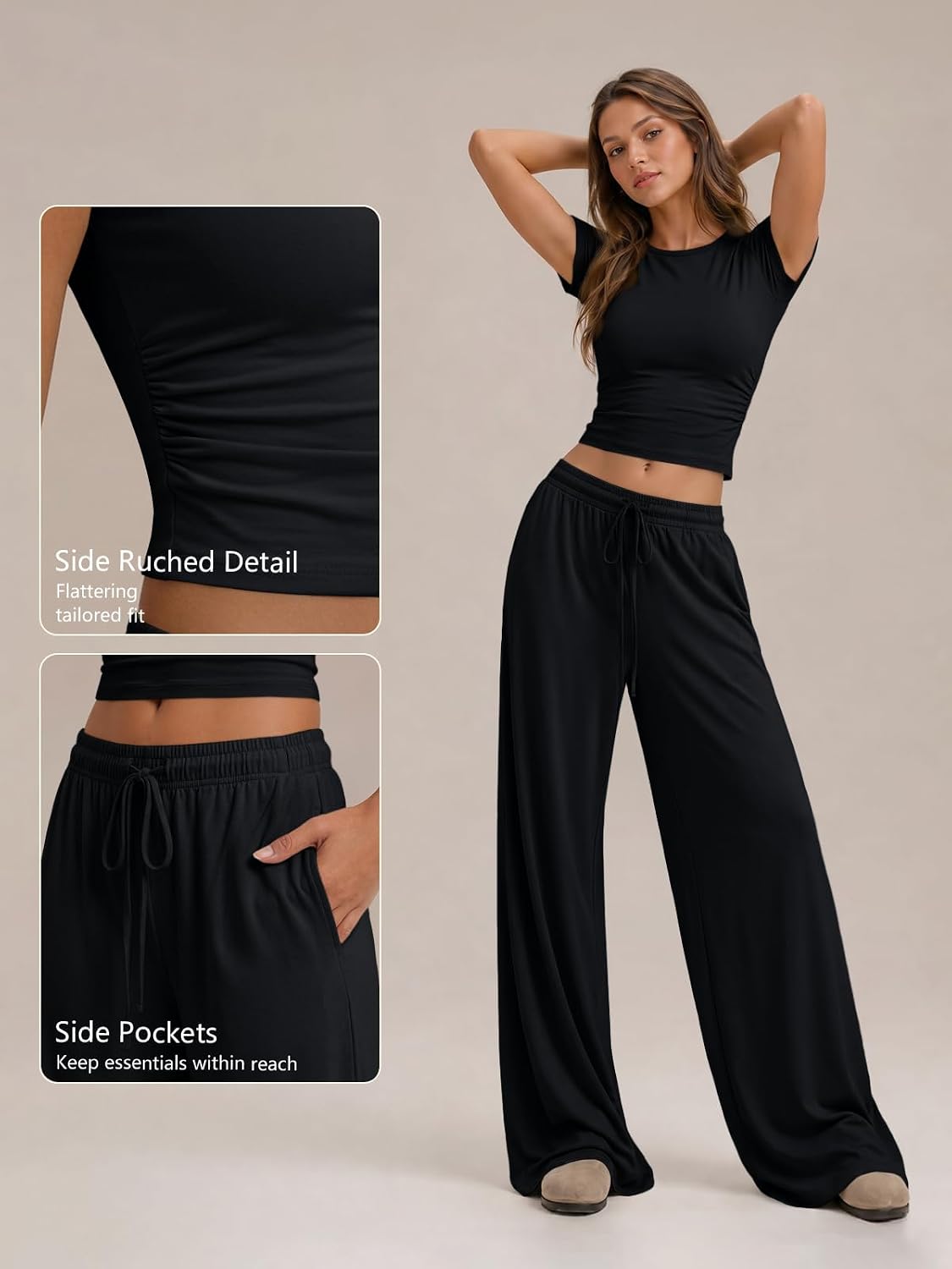 Detalle de Trendy Queen 2 Piece Matching Summer Lounge Set: Side Ruching Top + Wide-Leg Pants