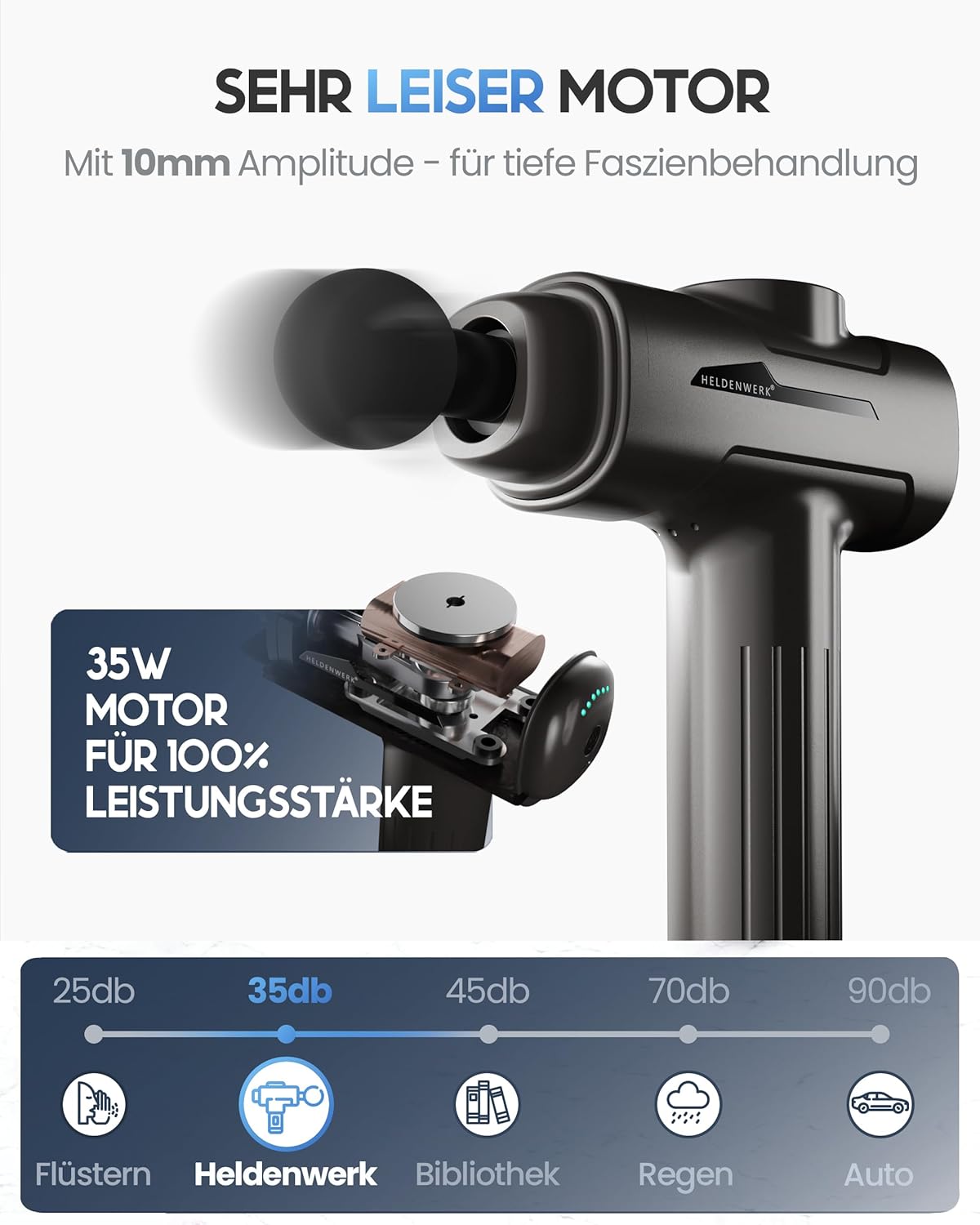 Thumbnail 5 de HELDENWERK Massagepistole inkl. 6 Massageköpfen (Grau) – bis zu 3200 U/min, USB‑C