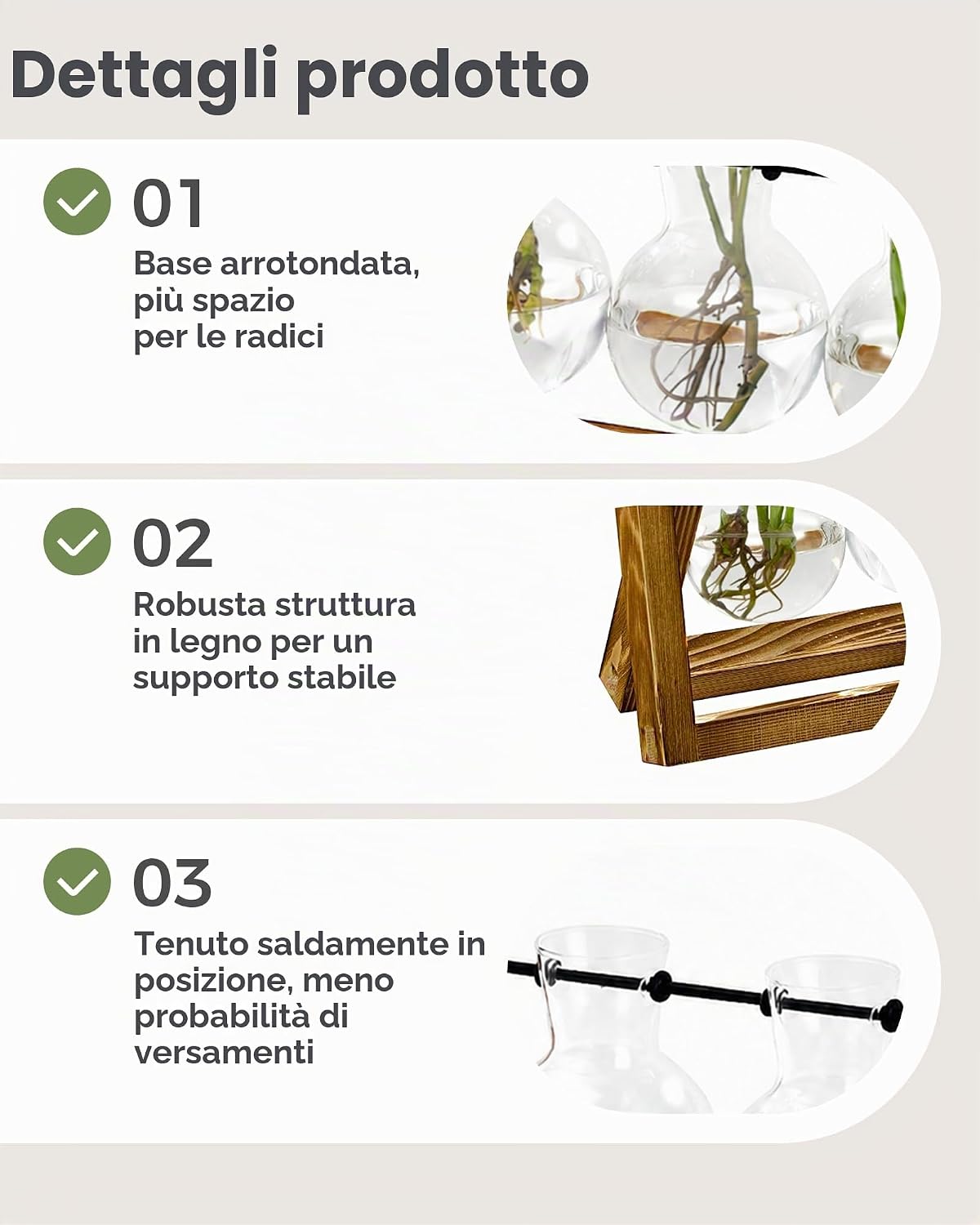 Detalle de Bamworld Stazione di Propagazione delle Piante Idroponiche con Supporto in Legno: 3 Vasi in Vetrografia per piante acquatiche e decorazione