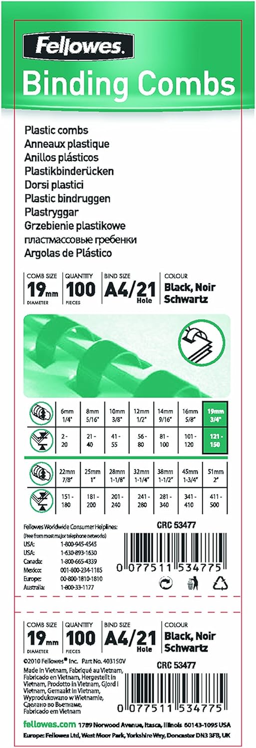 Detalle de Fellowes 5347705 — Pack de 100 Anneaux plastiques 19 mm noir pour documents A4