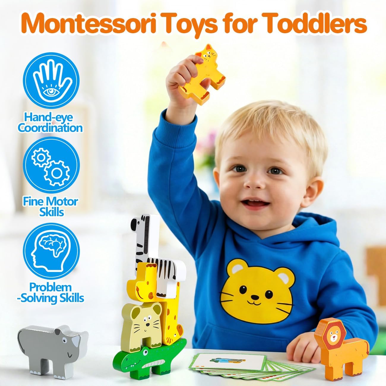 Detalle 2 de Wooden Montessori Animal Stacking Blocks for 1–4 Year Olds (toddler wooden stacking toy set)