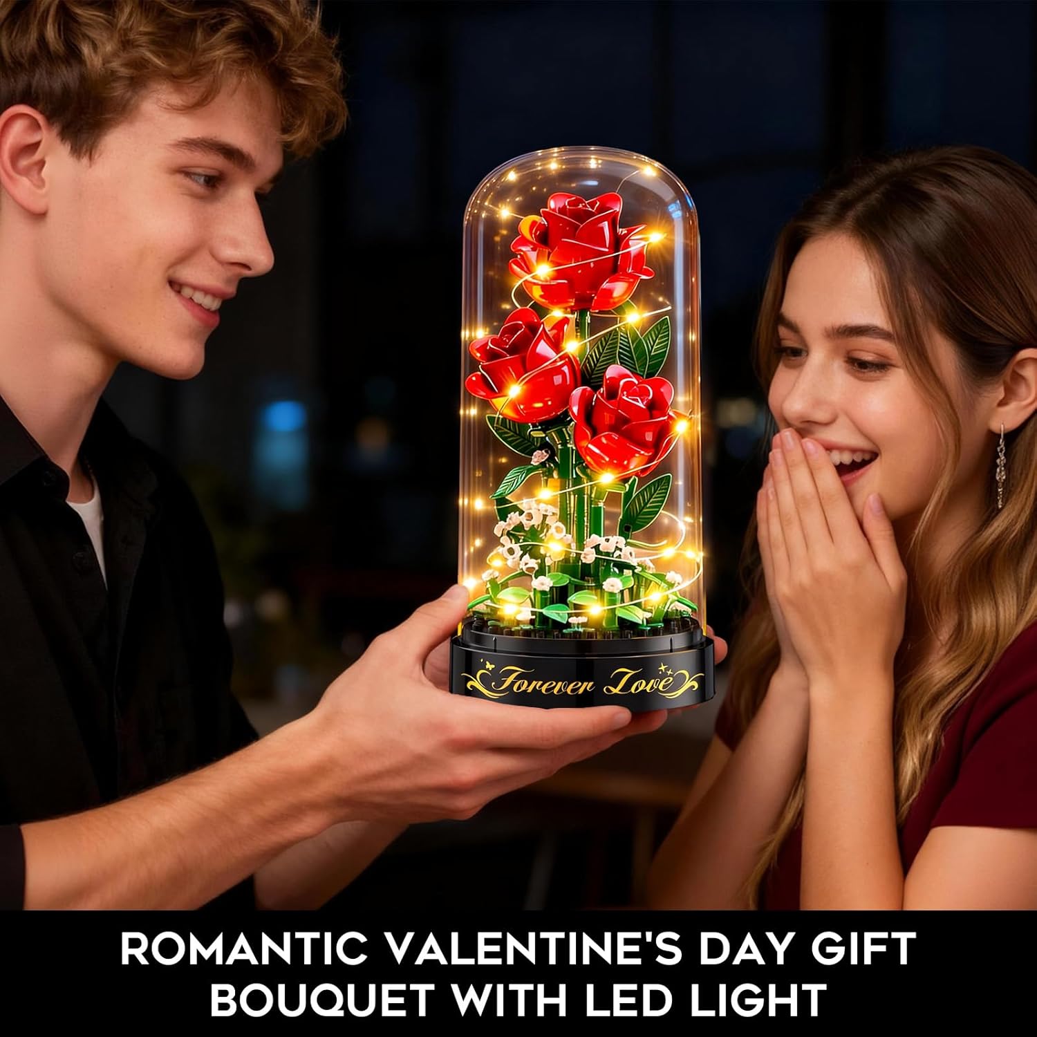 Detalle de HiWEEGO Flower Bouquet Building Set with LED Light – 3.6mm Red Rose Mini Build (219pcs) with Dust Cover