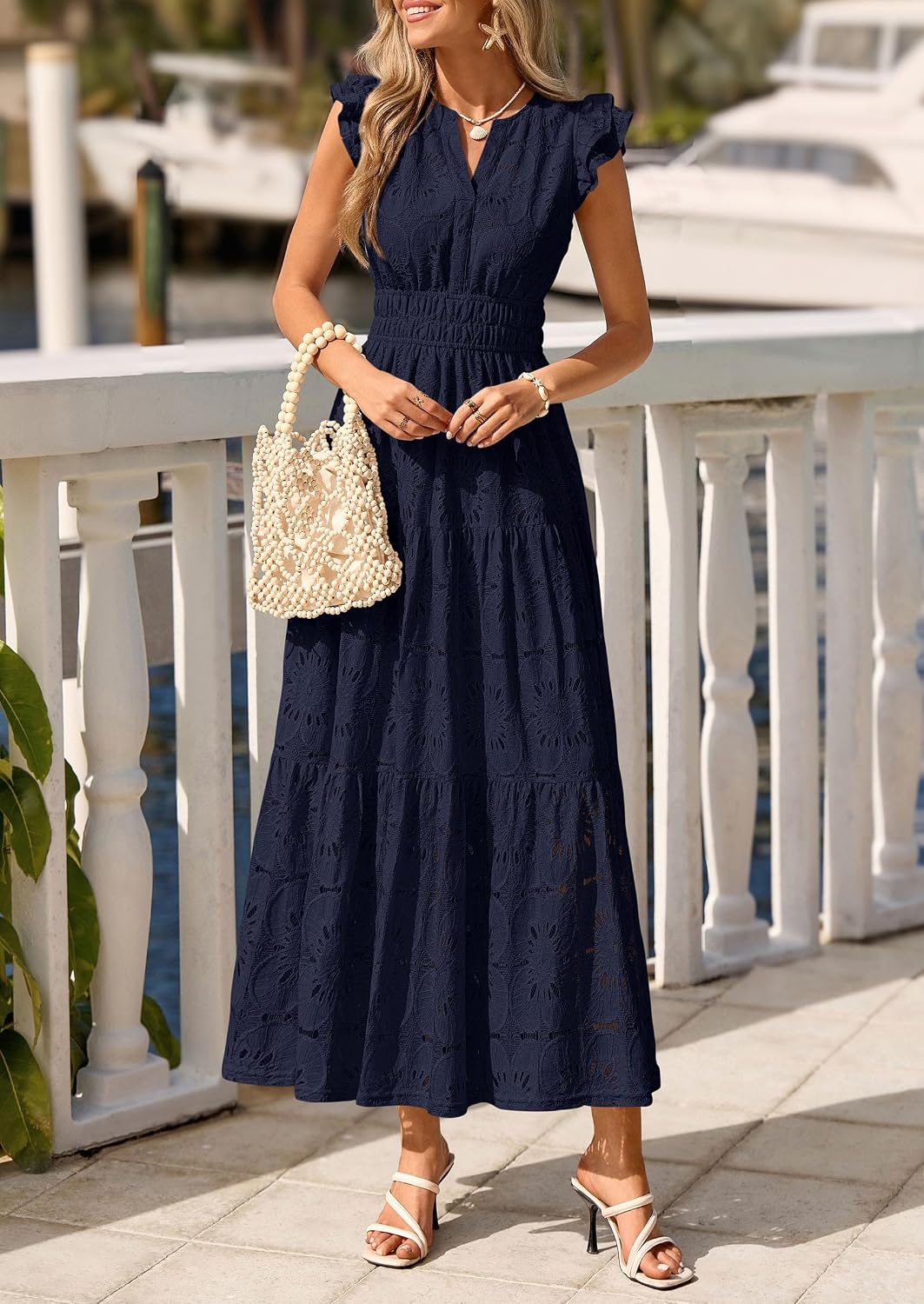 Thumbnail 6 de PRETTYGARDEN Womens Boho Maxi Dress – Floral Lace Eyelet V-Neck, 2026 Summer
