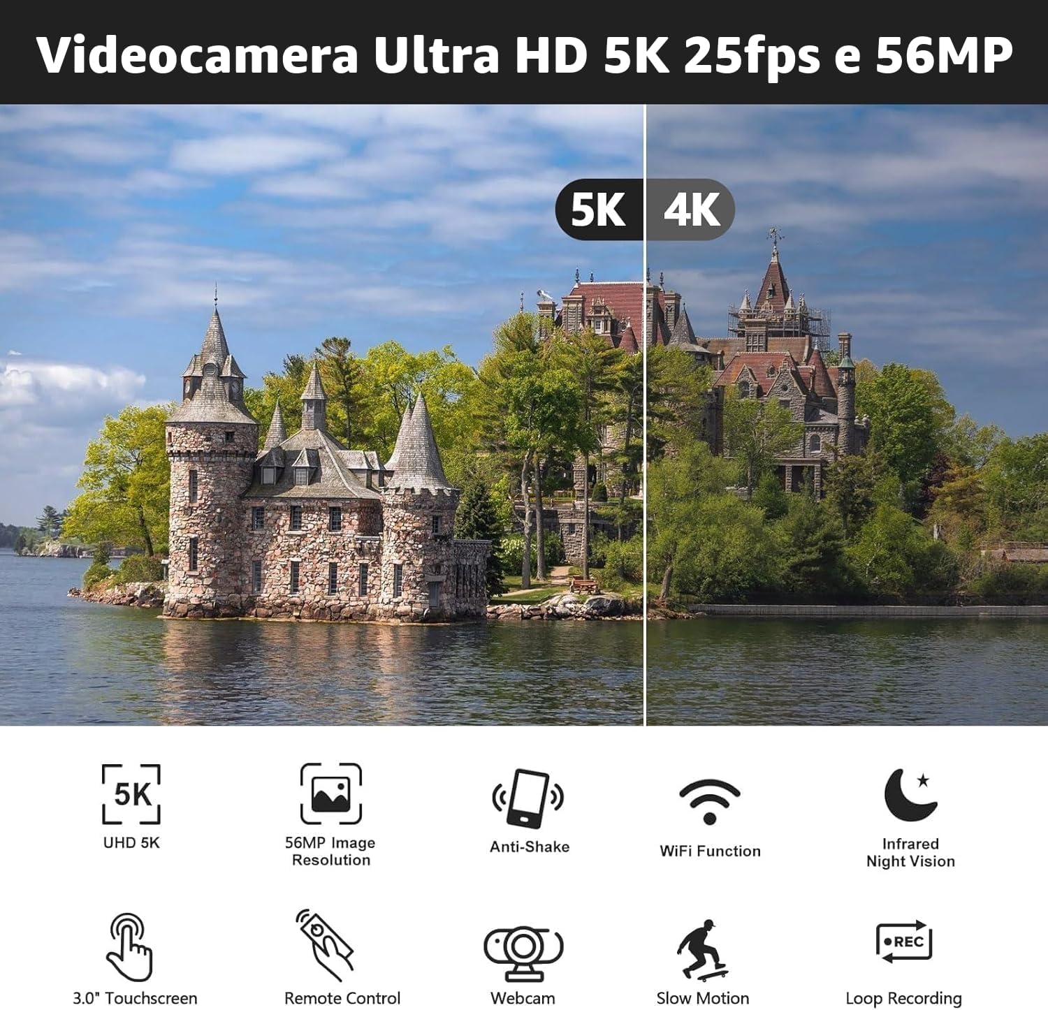 Detalle de Videocamera Vlogging 5K 56MP con Wi‑Fi e zoom 16X