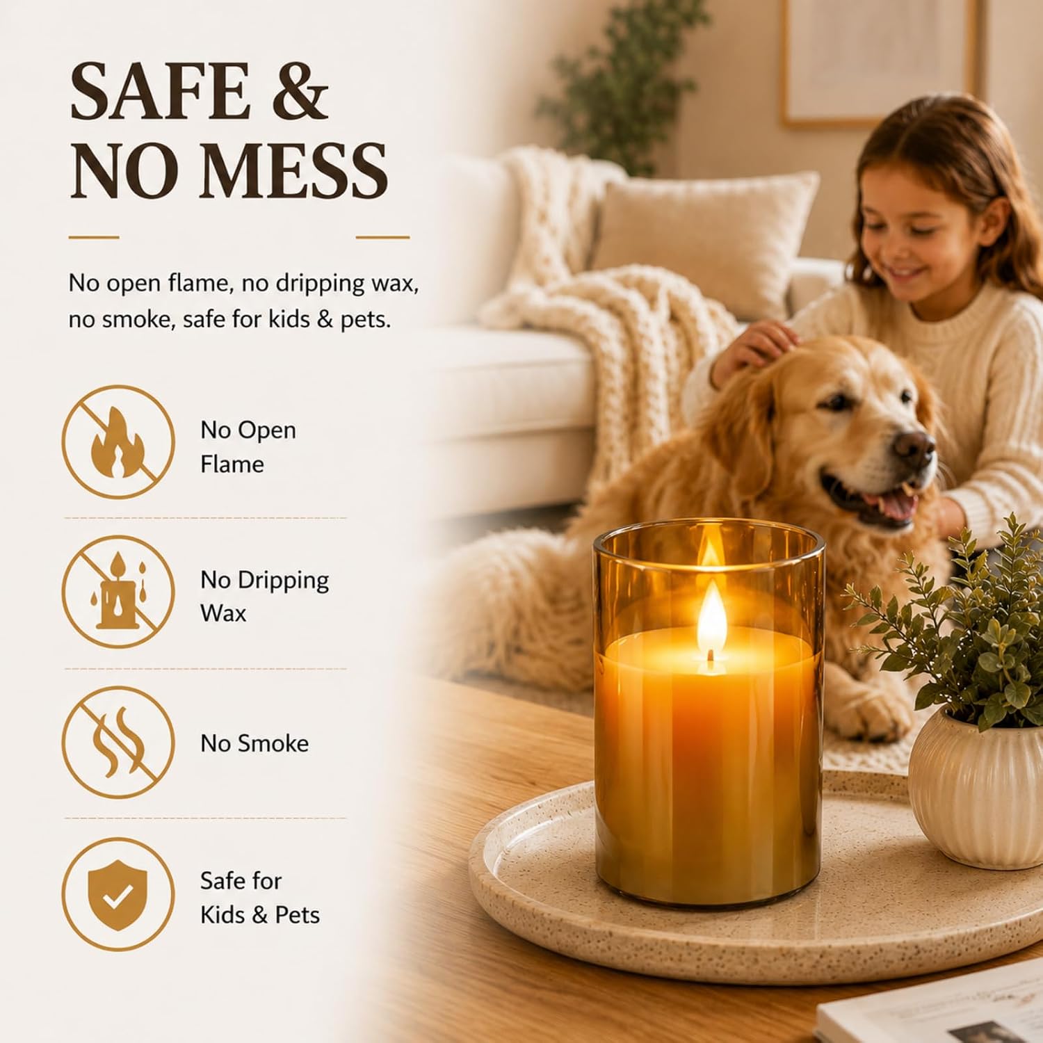 Detalle de YMing battery-operated flameless LED candles set (gold glass pillar) with remote timer – realistic flicker wick flame mode