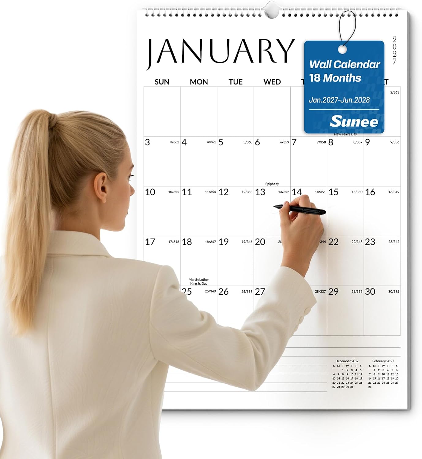 SUNEE 2027 Wall Calendar, 18-Month Vertical Planner, 22.75" x 15.5