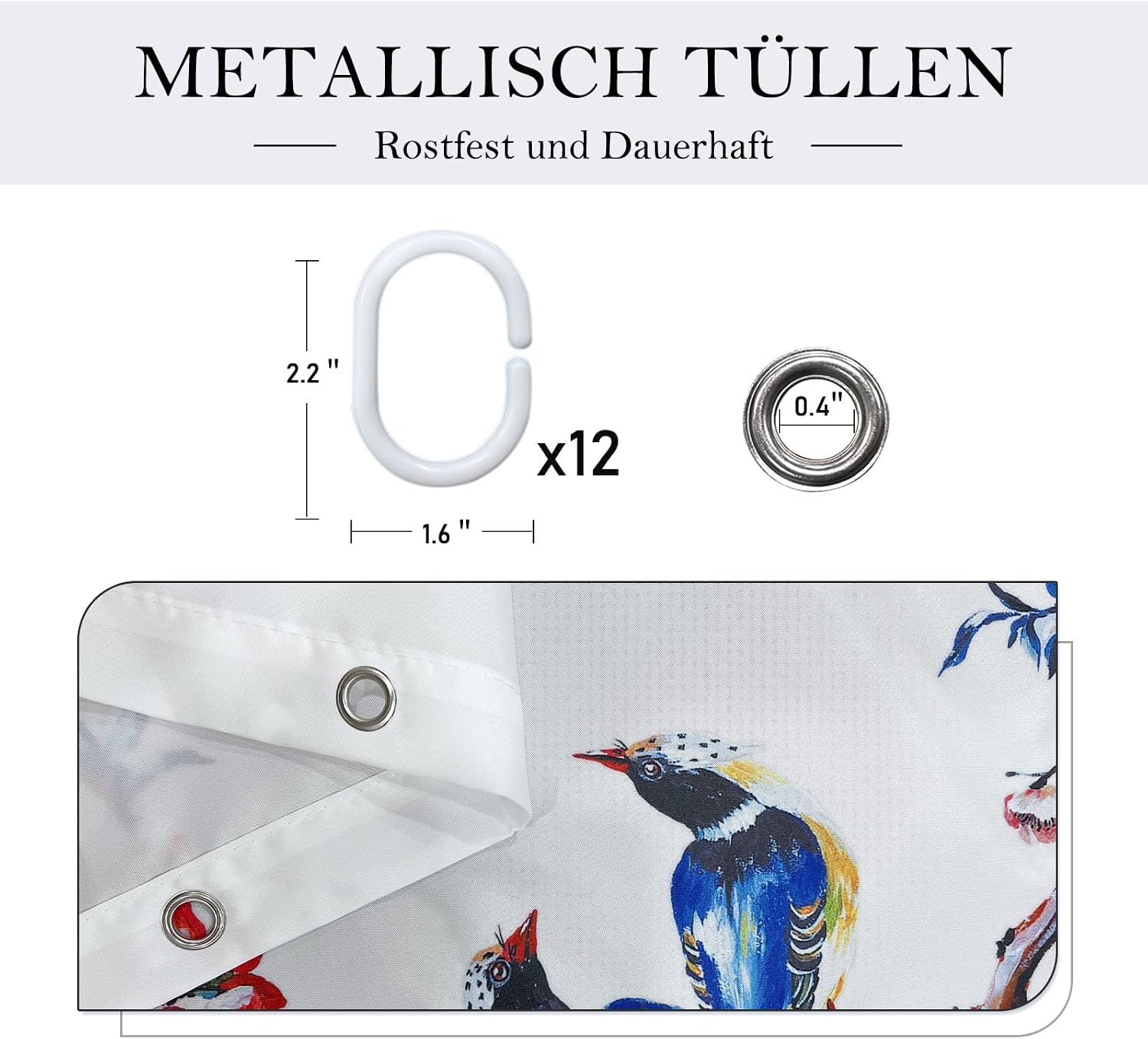 Detalle de LIVETTY White Bird Extra Long Shower Curtain – 180cm x 200cm