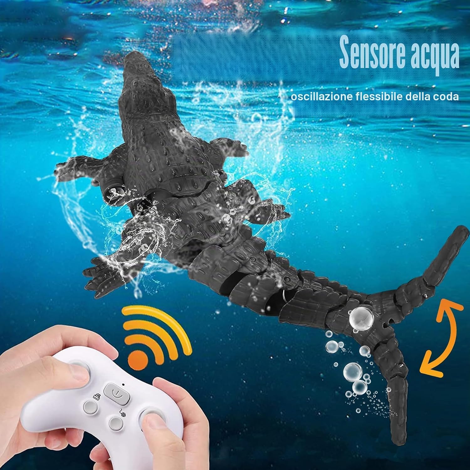 Detalle de 3T6B Barca Telecomandata RC Coccodrillo: giocattolo acquatico luminoso con doppie eliche e controllo 2.4G