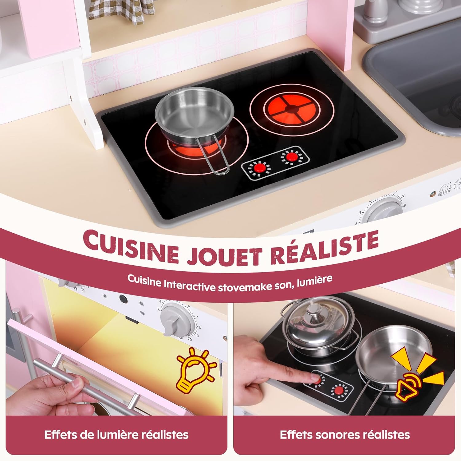 Thumbnail 4 de EDUBEBO Ensemble de Jeu de Cuisine pour Enfants – hauteur réglable en bois avec accessoires (Rose)