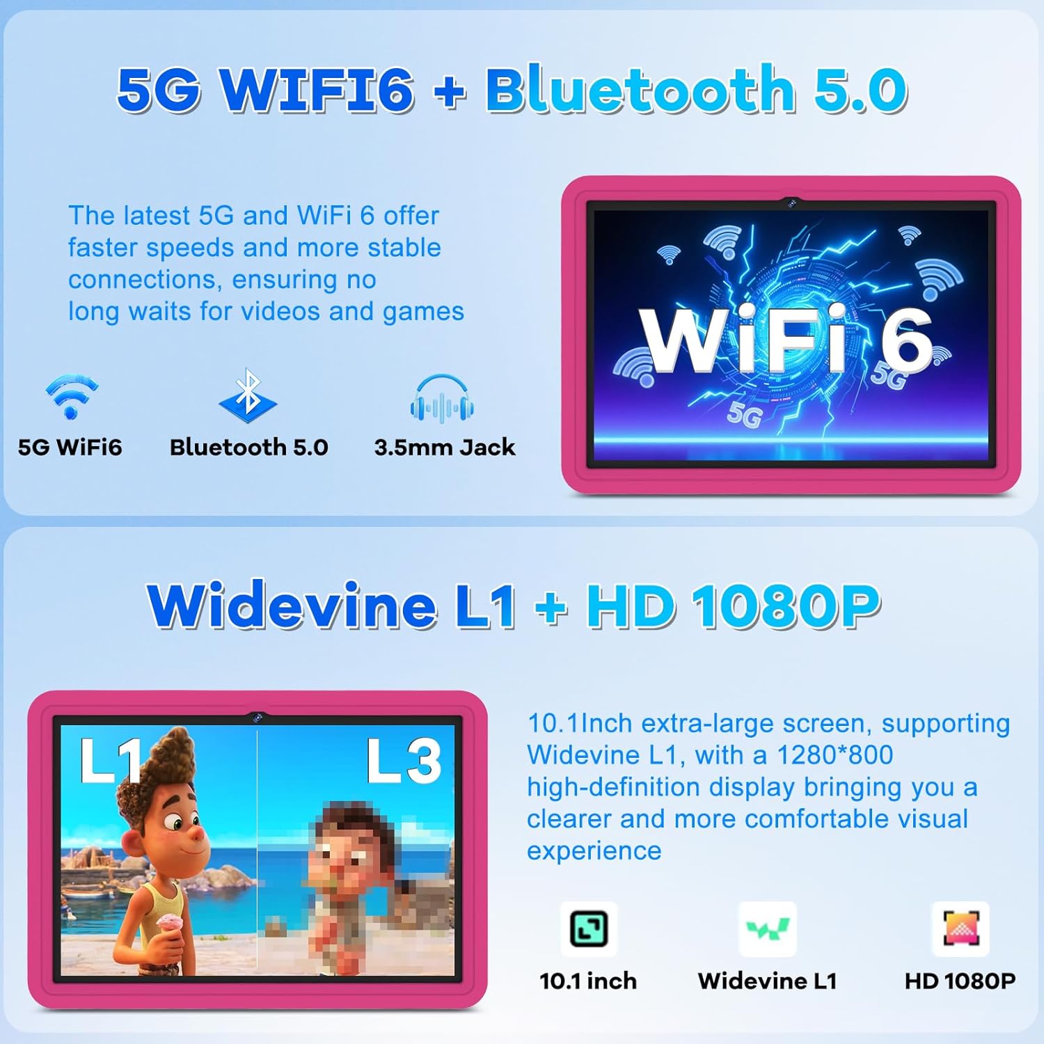 Detalle de DMOAO Kinder Tablet 10 Zoll – Android 15, 30 GB RAM, 64 GB ROM, Erweiterbarer Speicher bis 2 TB, 360° Ständer, EVA Schutzhülle