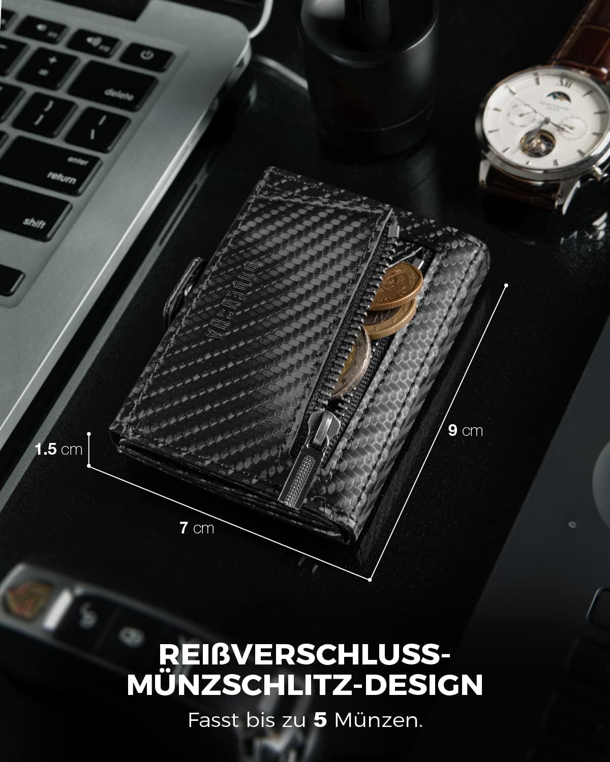 Detalle de DODENSHA Mini Geldbörse mit Münzfach und RFID-Schutz – Carbon, Slim Wallet