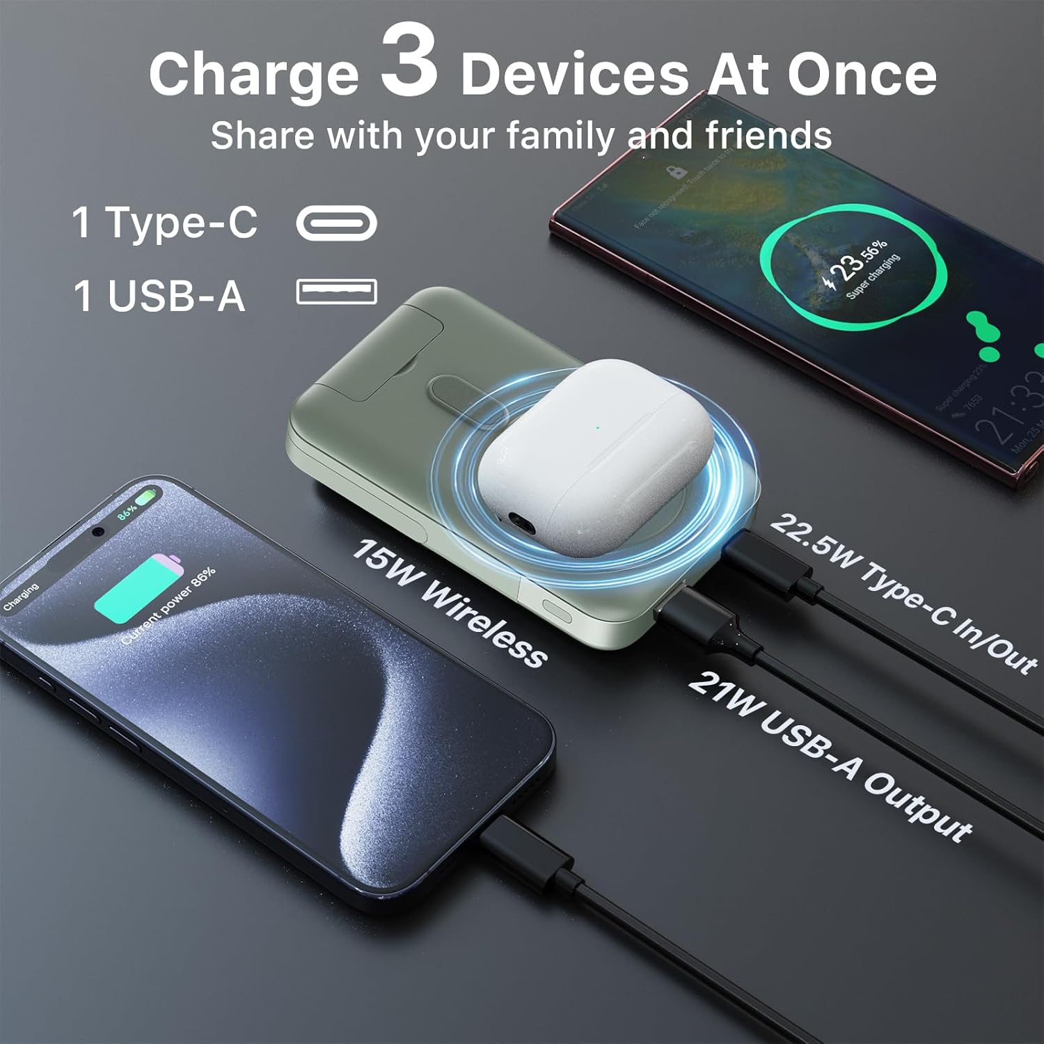 Detalle de Nobis A2641 Power Bank Magnetico 10000mAh: ricarica wireless MagSafe 22.5W con display e supporto multiplo