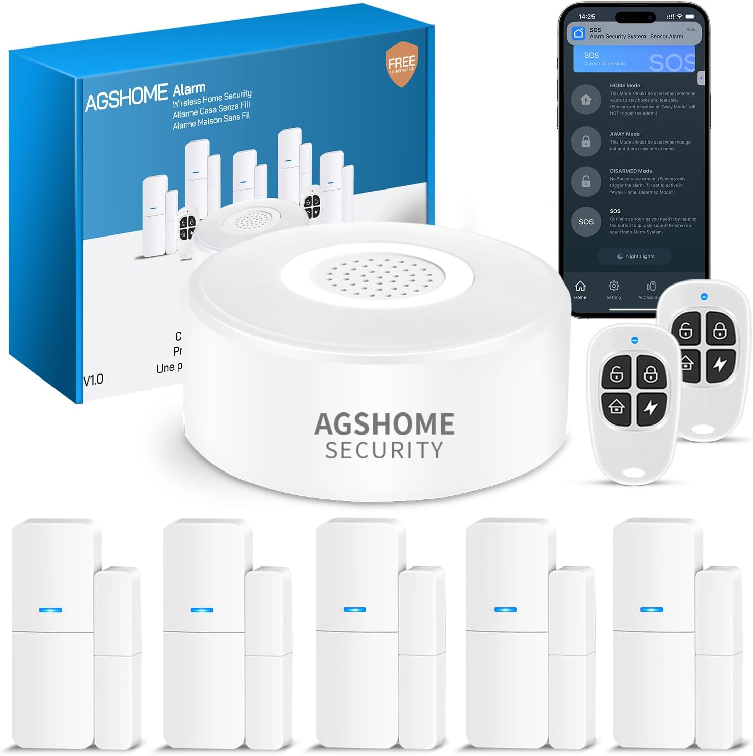 Detalle de AGSHOME Allarme Casa Senza Fili W2: sistema perimetrale wireless con 5 sensori, 2 telecomandi e sirene opzionali