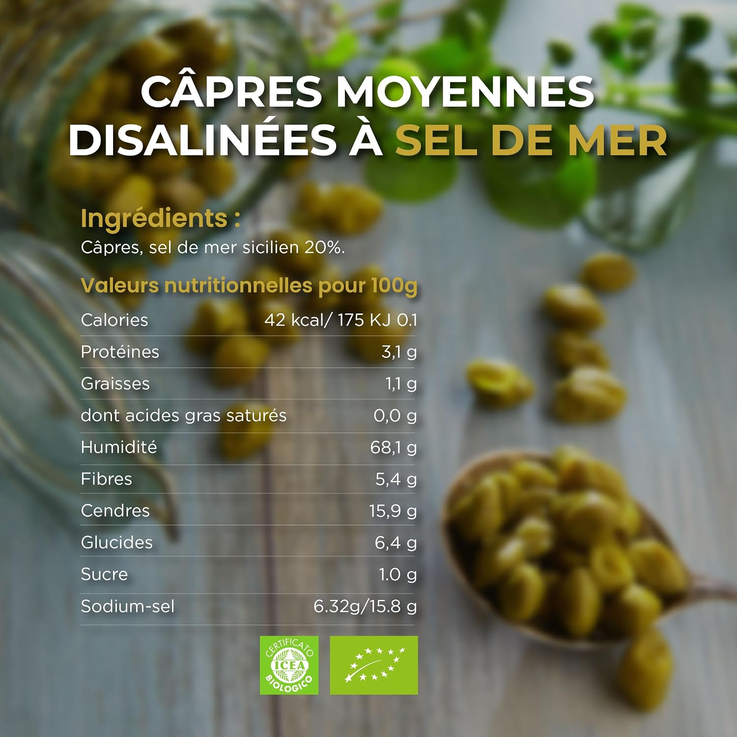 Detalle 2 de RACILIA Câpres Moyennes au Sel Bio des Îles Éoliennes DOP – Artisanat de Sicile, 100% Italien, Sans Gluten, Pot 250 g