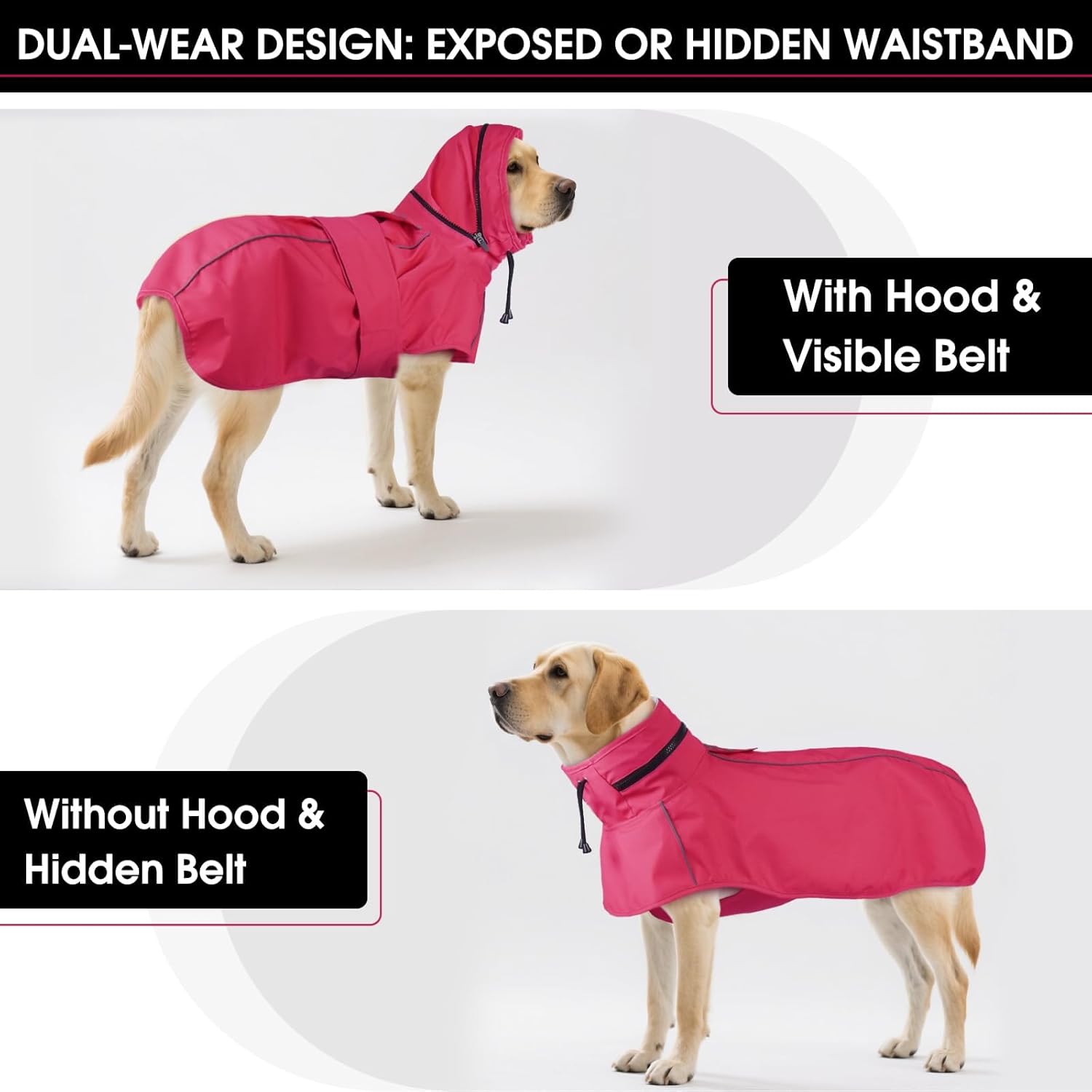 Detalle 2 de OUOBOB Waterproof Dog Coat for Large Dogs with Hood (3XL) – Pink, Reflective, Lightweight Rainwear