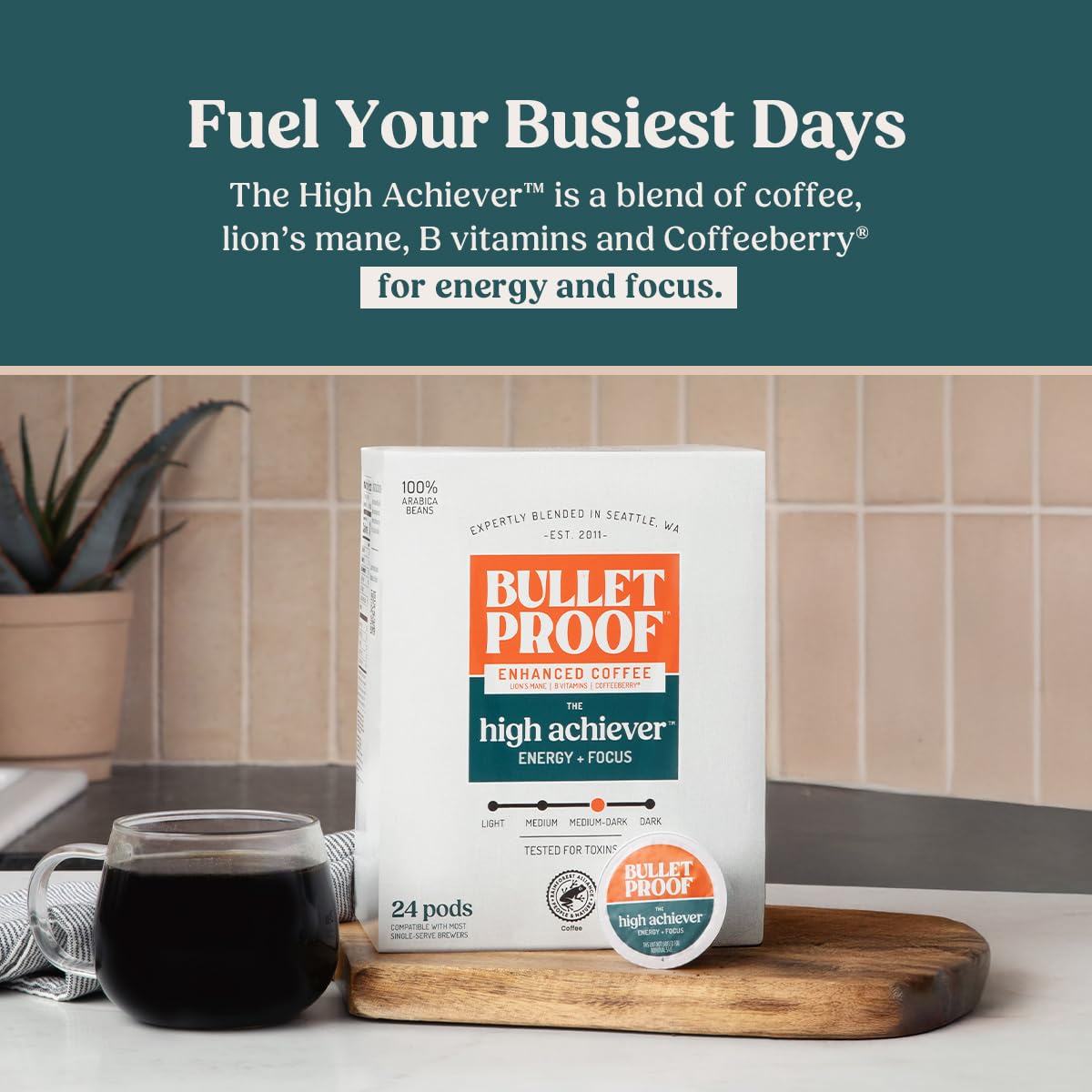 Thumbnail 4 de Bulletproof High Achiever CDK01-00059 Medium-Dark Roast Coffee Pods, 24 Count