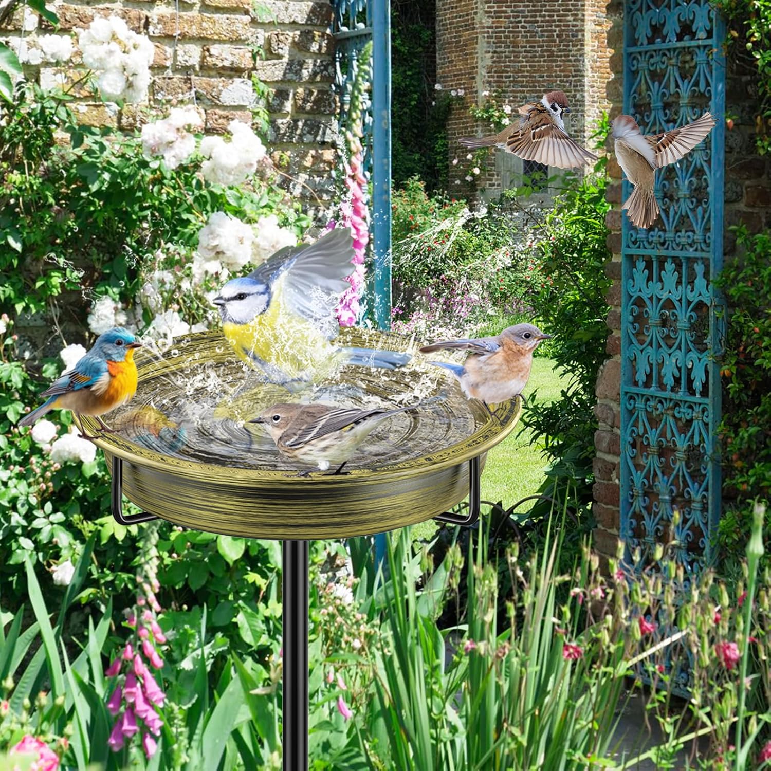 Detalle 2 de FaloStwer 40In Vogeltränke Groß – freistehende Vogelbad-Schale aus Metall, frostfest, Retro Gold