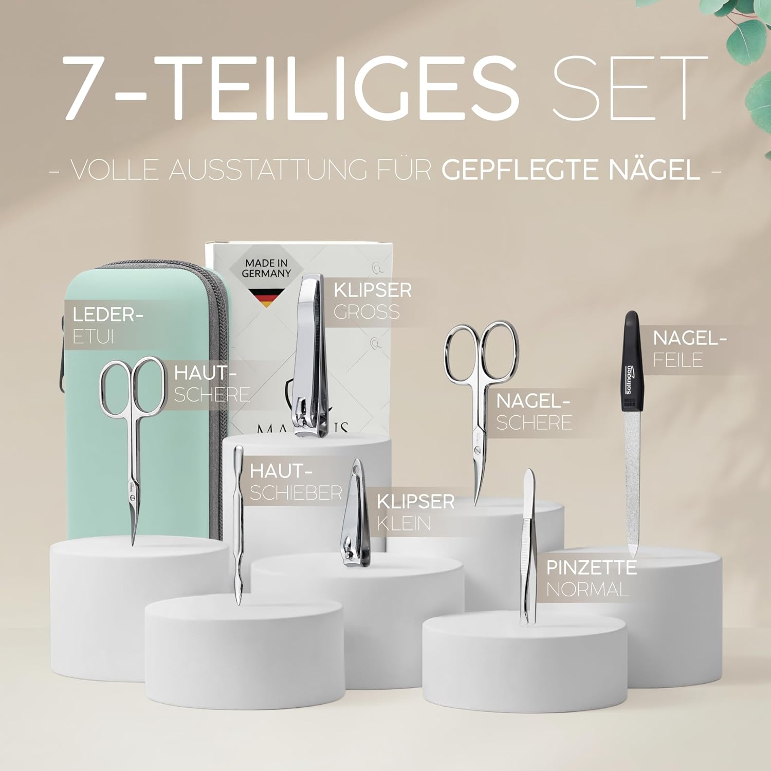 Detalle de Maniküre-Set Solingen (marQus, 7-teilig) mit Echt-Leder-Etui – handlich, scharf schneidend, Saphir-Nagelfeile