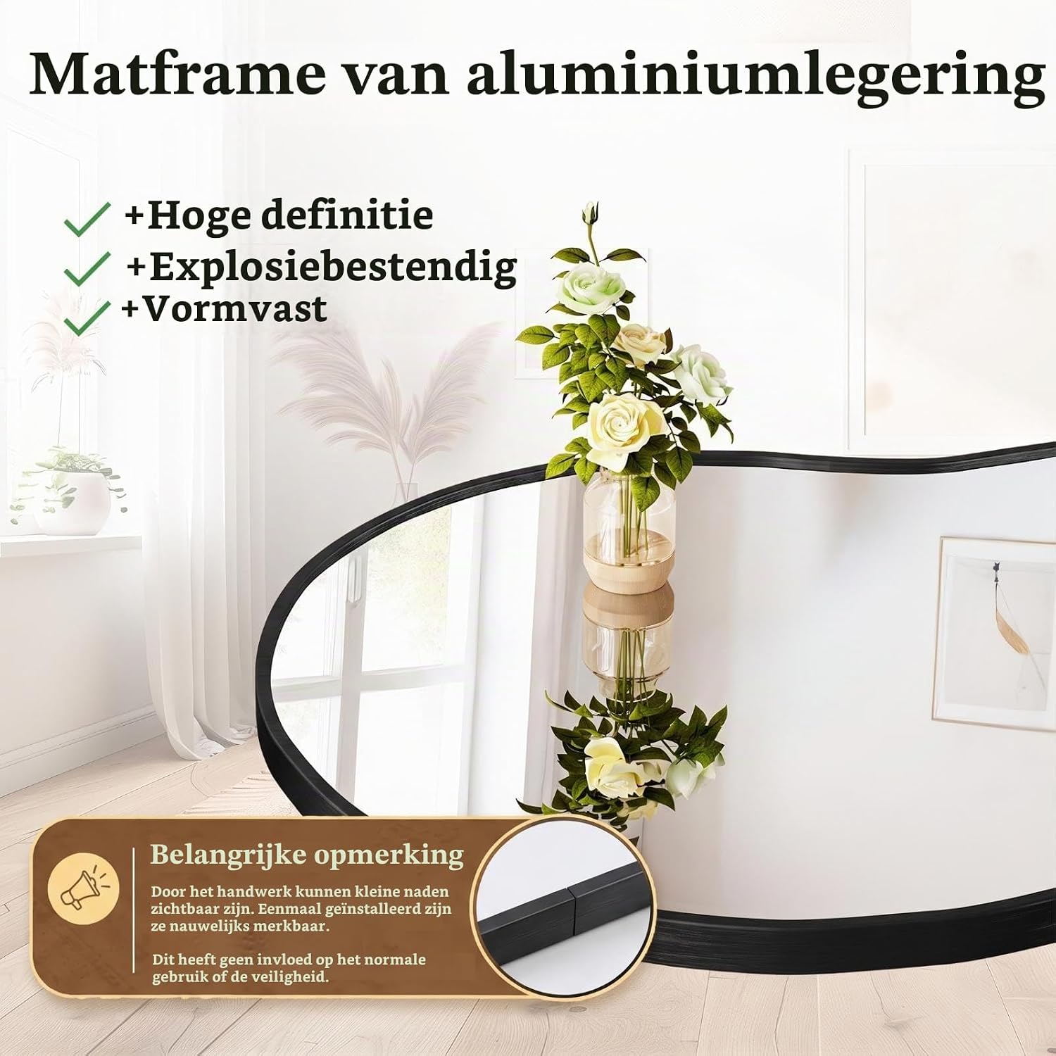 Detalle 1 de MAMIZO asymmetrische wandspiegel 66 x 116 cm, zwart, gehard glas en aluminium frame