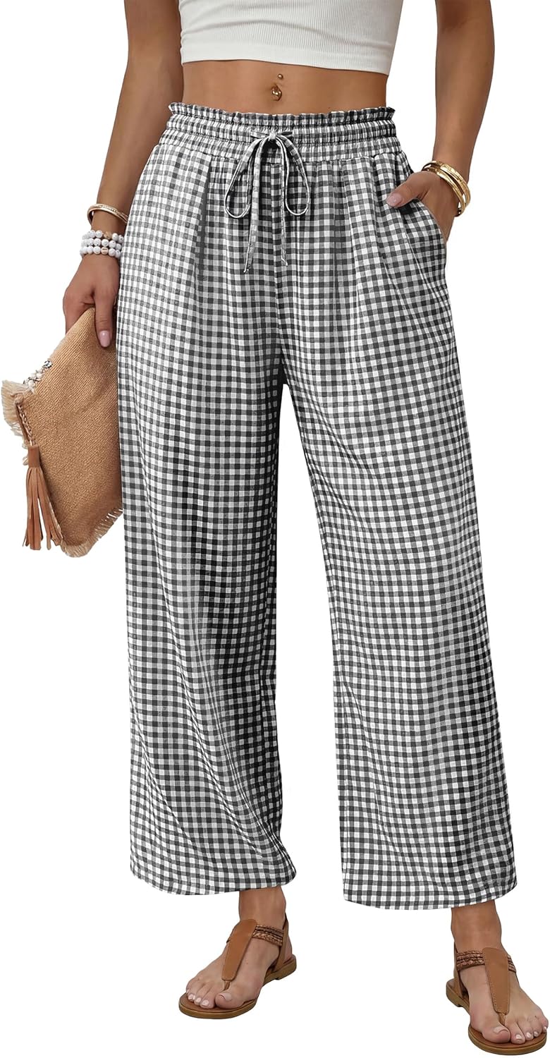Detalle de WIHOLL Wide Leg Palazzo Pants for Women – Flowy, Drawstring Waist with Pockets