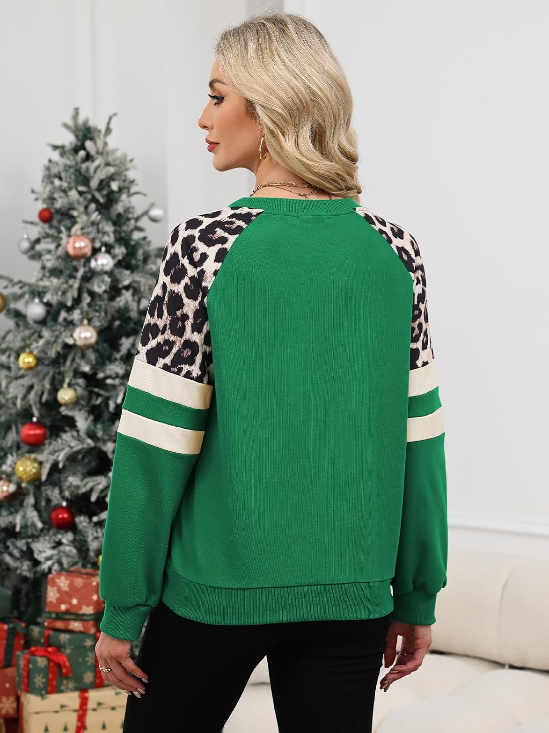 Detalle de Quatrefox Damen Baumwoll-Sweatshirt Leopard Farbblock Langarm Rundhals