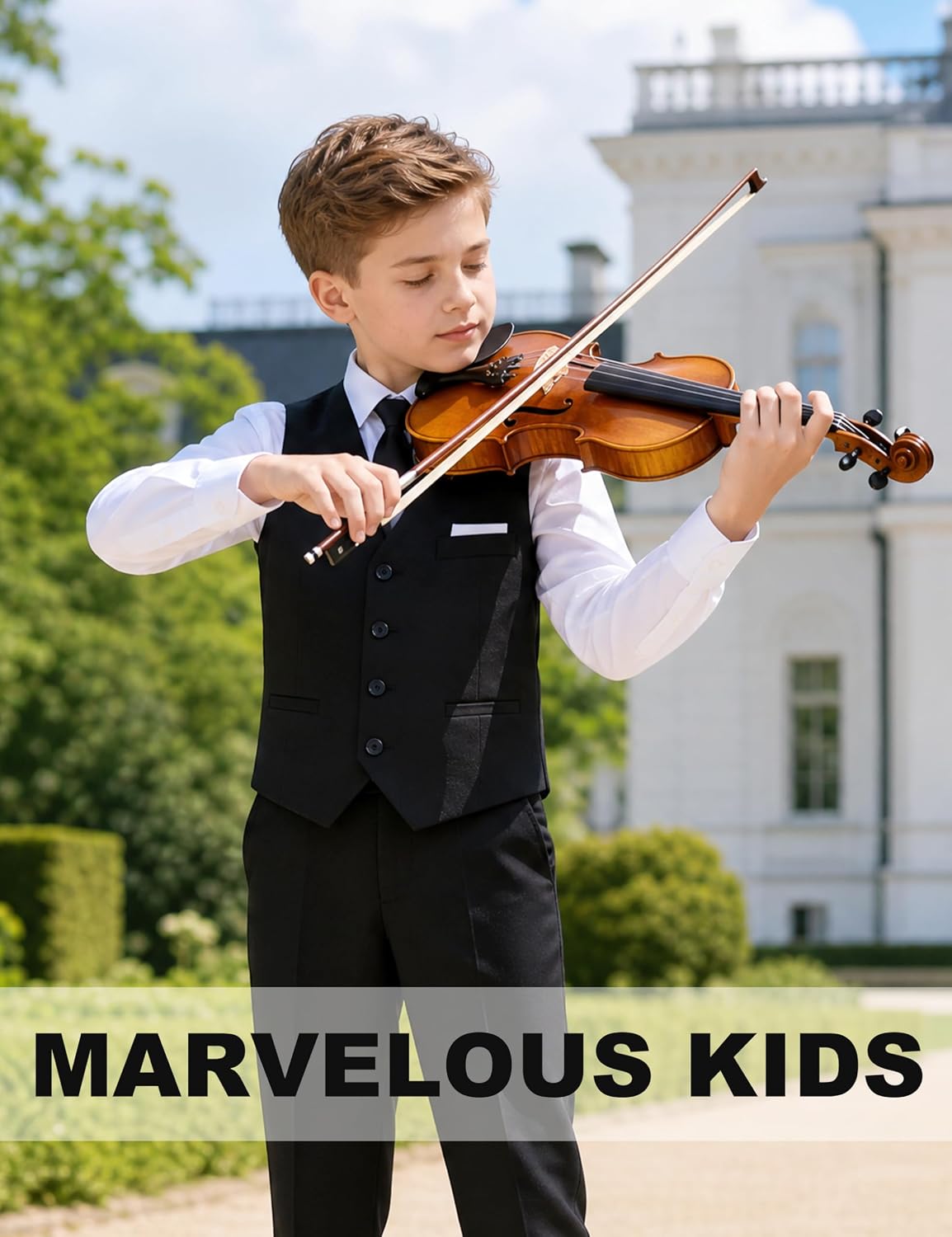 Detalle de Marvelous Kids Boys’ 6-Piece Formal Slim Fit Suit Set (Vest, Dress Shirt, Tie, Pocket Square & Bow Tie)