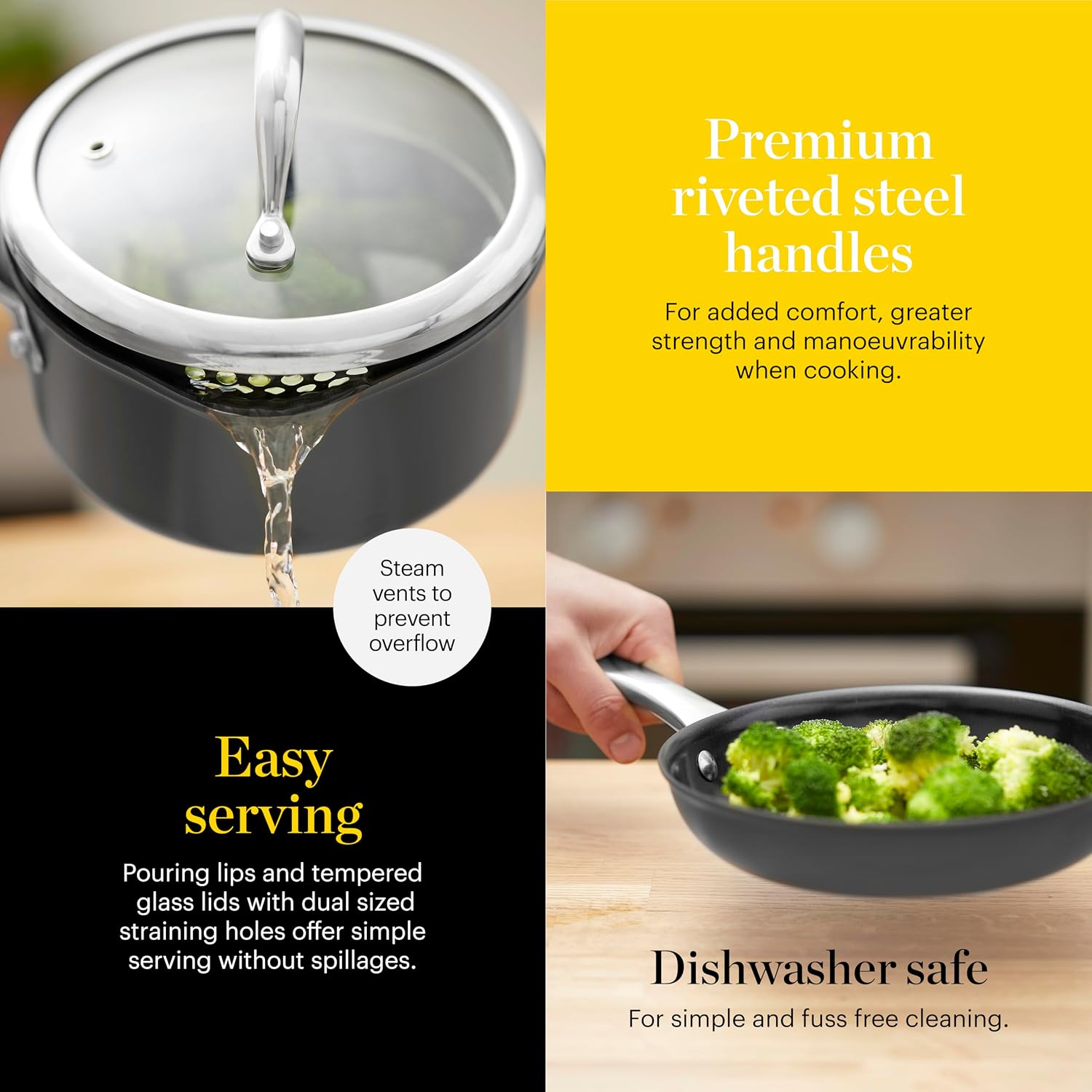 Detalle de Good Food in Partnership with Tower Hard Anodised 5-Piece Cookware Set (Ceramic Non-Stick, Induction Compatible) – Grey