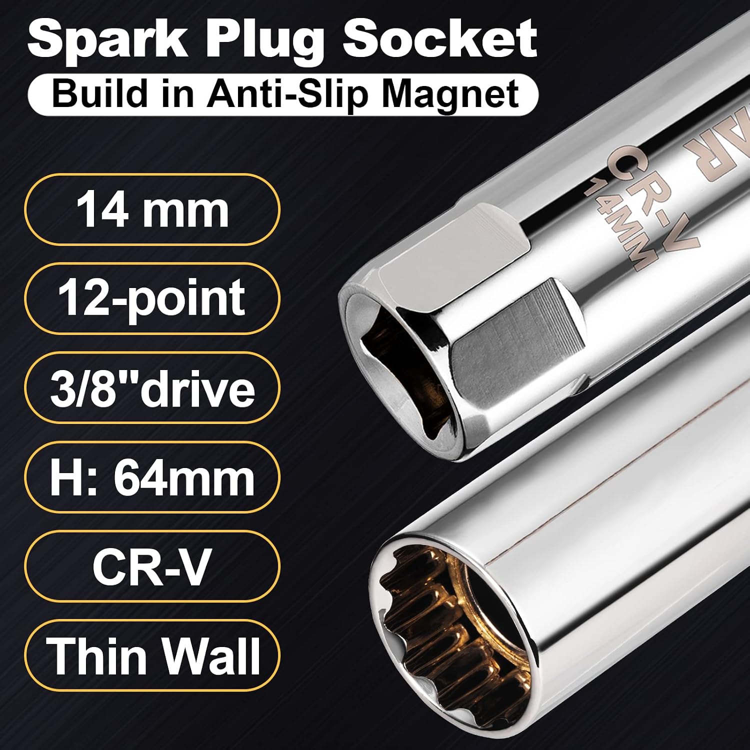 Detalle de Spurtar 14mm Magnetic Spark Plug Socket, 3/8-Inch Drive, Thin Wall 12-Point