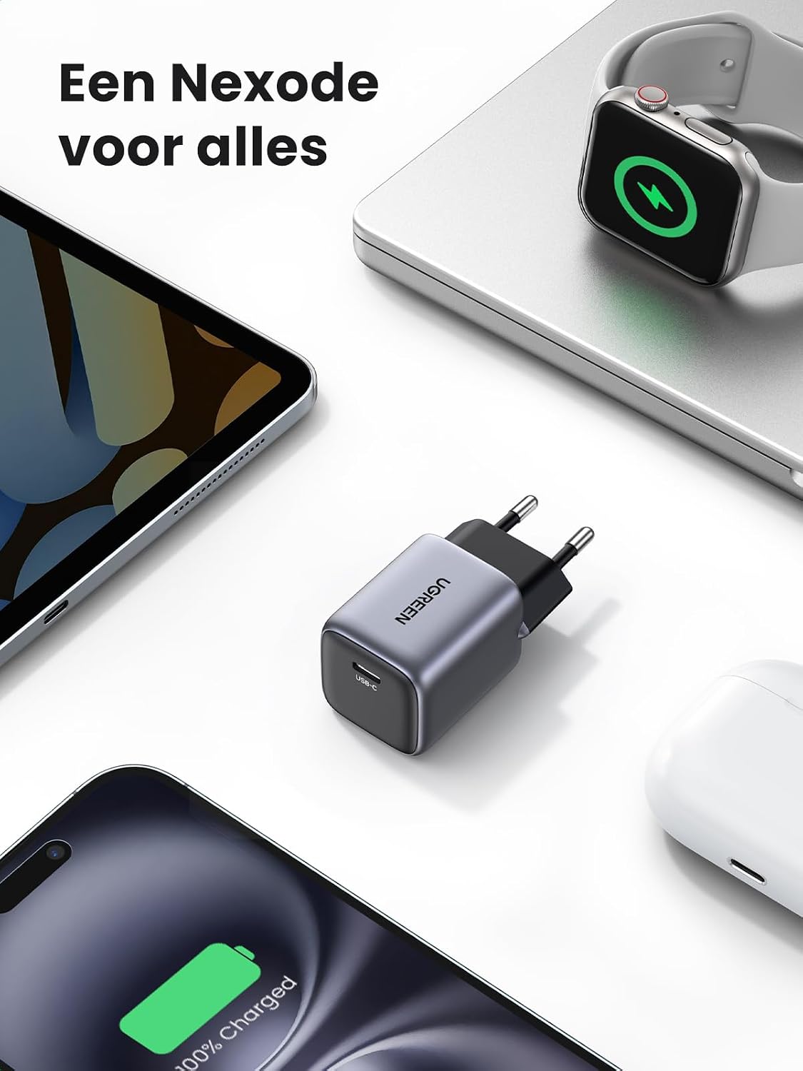 Detalle de UGREEN Nexode 30W GaN II USB-C-lader, zwart met één poort