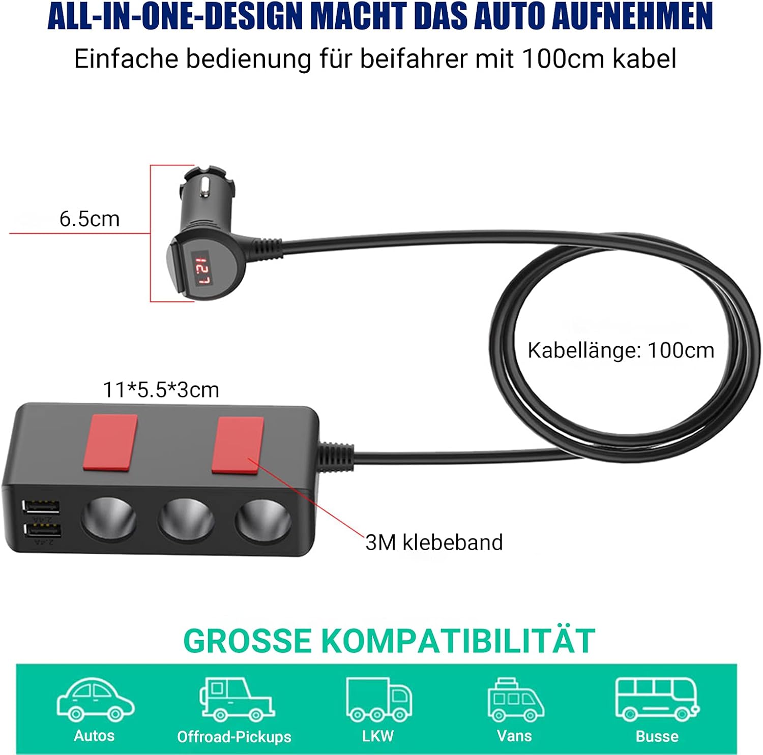 Thumbnail 4 de Qidoe Zigarettenanzünder Verteiler Auto Adapter 12V/24V (120W) mit 4× USB, LED-Voltmeter & Schalter