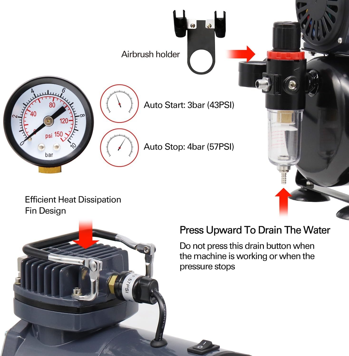 Thumbnail 4 de Airbrush Paint Kit AS186: 3L Tank, Two Double-Action Airbrushes & Quiet High-Pressure Compressor