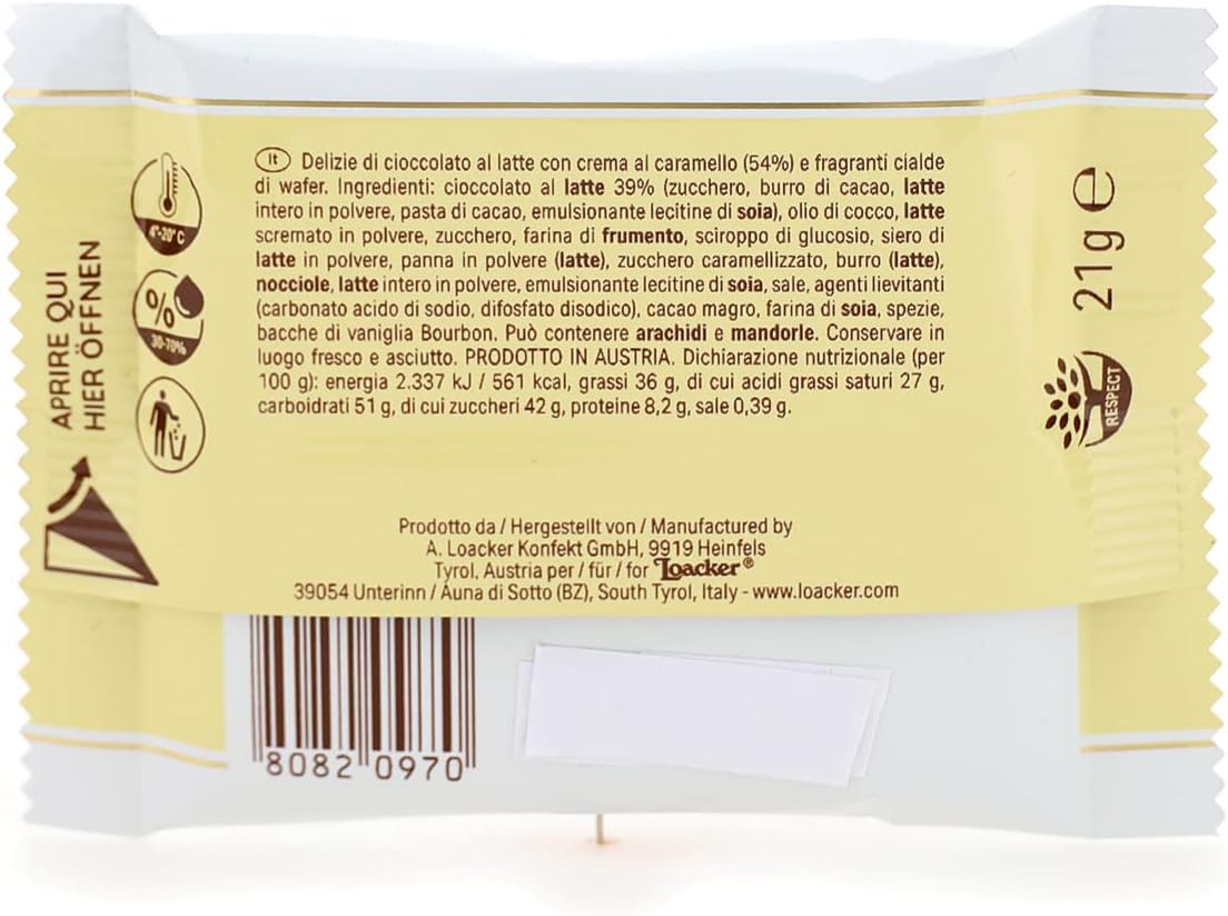 Detalle de Loacker Tortina Caramel: croccanti wafer, crema al caramello e cioccolato al latte in confezione convenienza