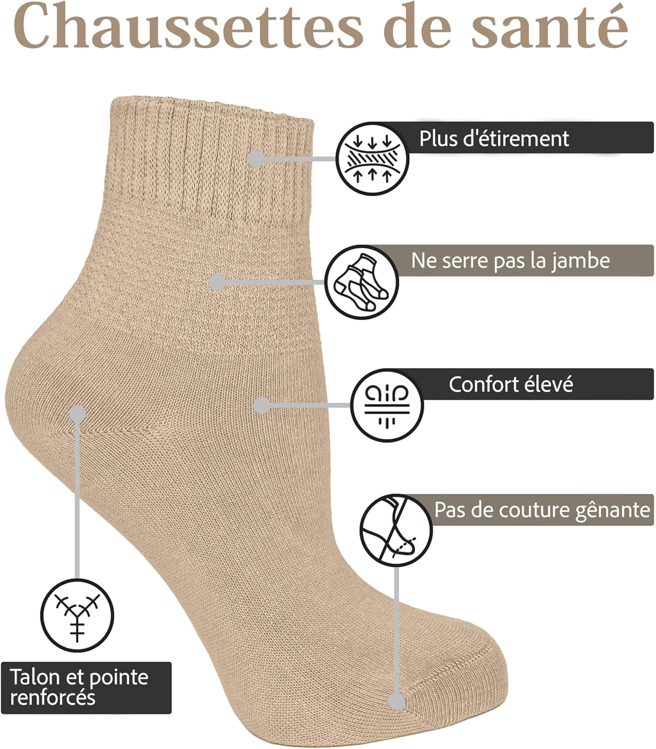 Thumbnail 2 de Lot de 4 chaussettes diabète en bambou, cheville