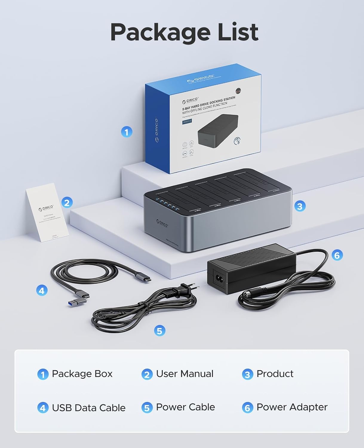 Thumbnail 6 de ORICO Aluminium Clone HDD Docking Station, 5 Bay – USB 3.2 Gen 1, bis zu 5 x 20 TB, Offline-Klonen