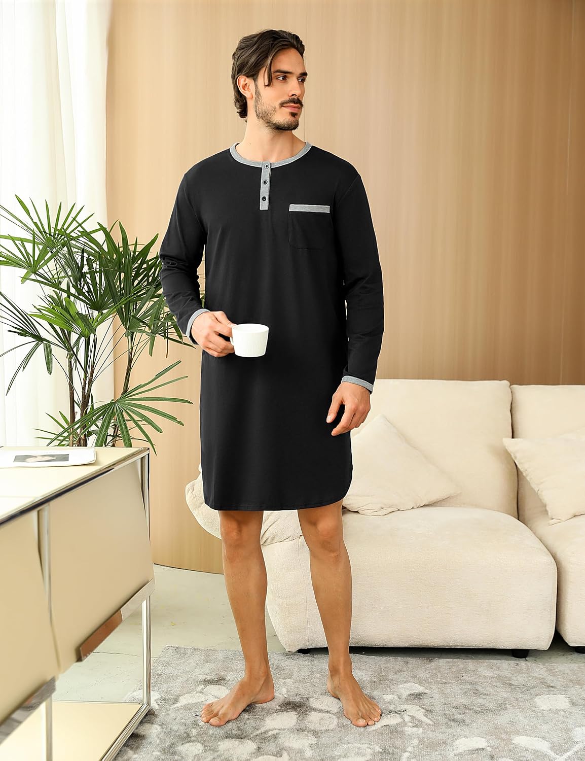 Detalle de Uniexcosm Hauts de Pyjama pour Hommes — Chemise de Nuit à Manches Longues, Col Rond et Poche, Taille S–3XL