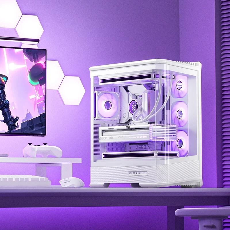 Detalle de Caja PC Jonsbo D400 Blanca: diseño acrílico de cristal templado y gran compatibilidad ATX/Micro-ATX/Mini-ITX