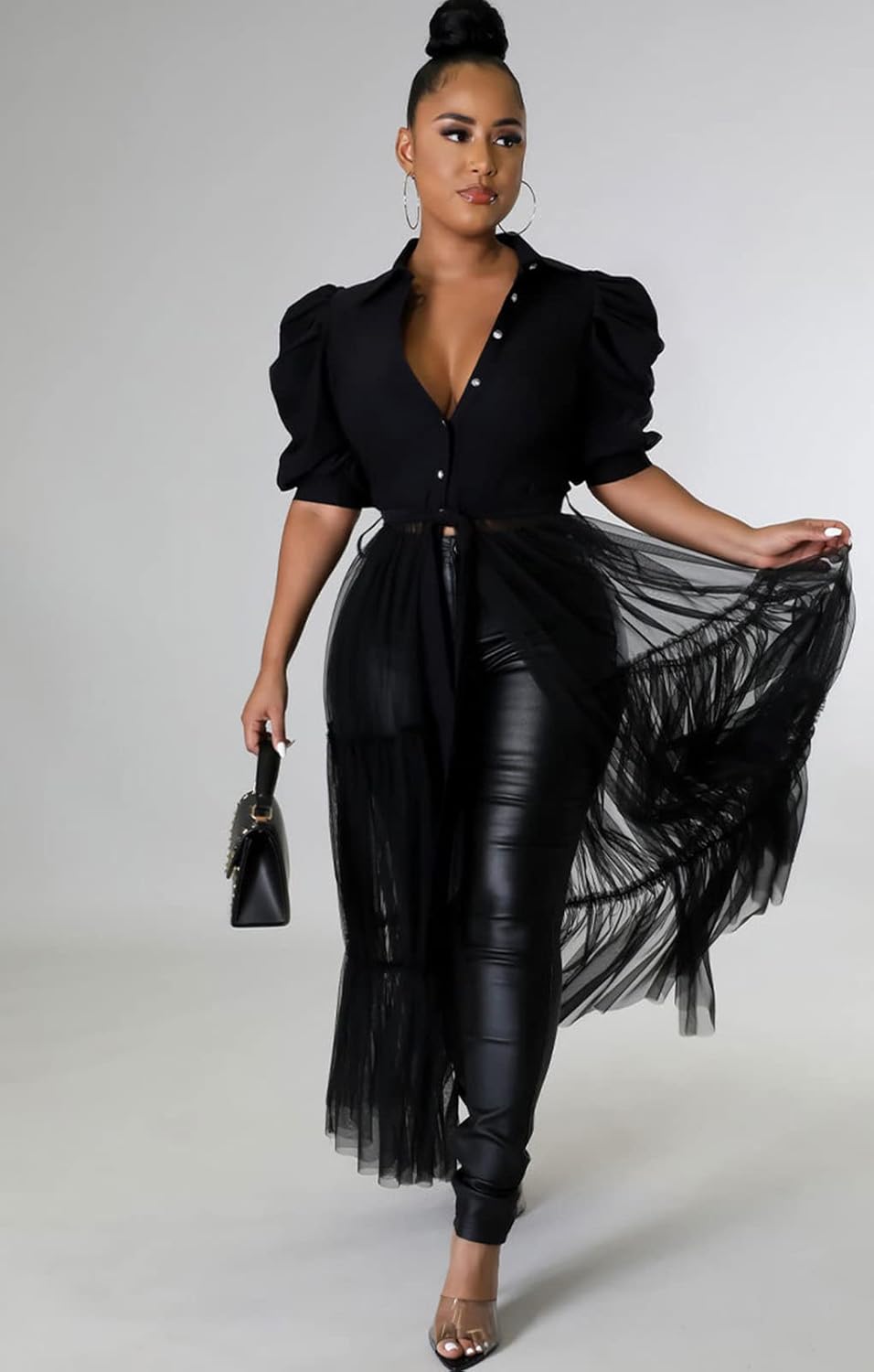 Thumbnail 2 de Ekaliy Women Sexy Short Sleeve Bodycon High Low Asymmetrical Ruffle Tunics Blouse Top Dress