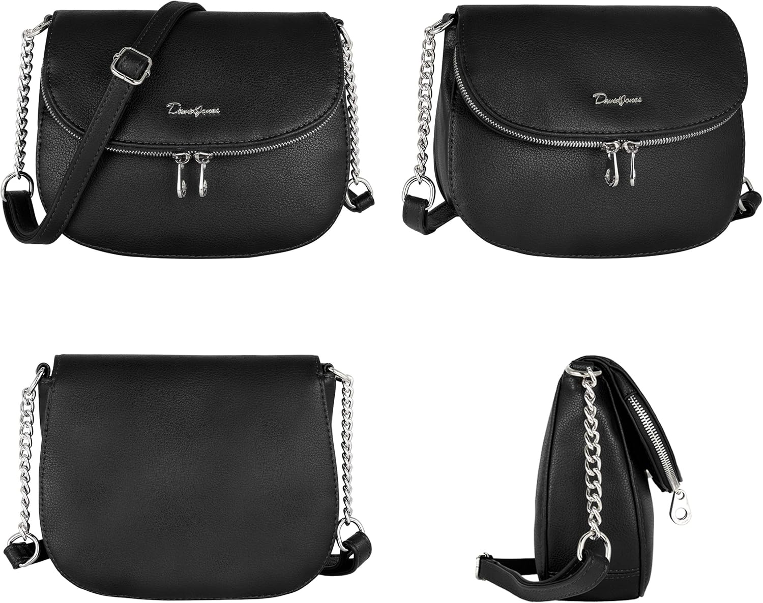 Thumbnail 3 de David Jones Petite besace femme à chaînes en PU noir – bandoulière réglable, zip et rabat 2 compartiments