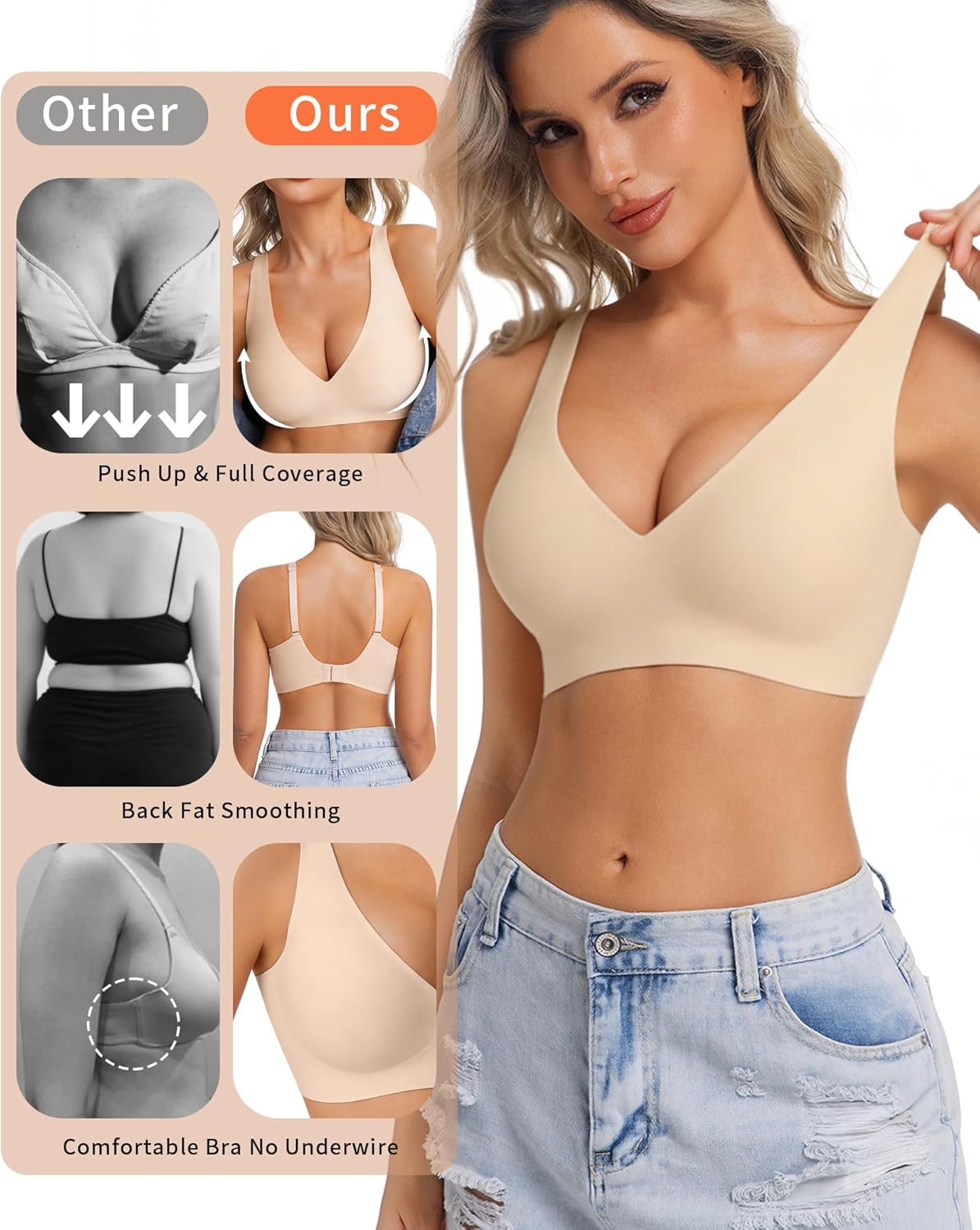 Detalle de HOWIN Jelly Bras Women’s Deep V Wireless Push Up T-Shirt Bra (Seamless, No Underwire)
