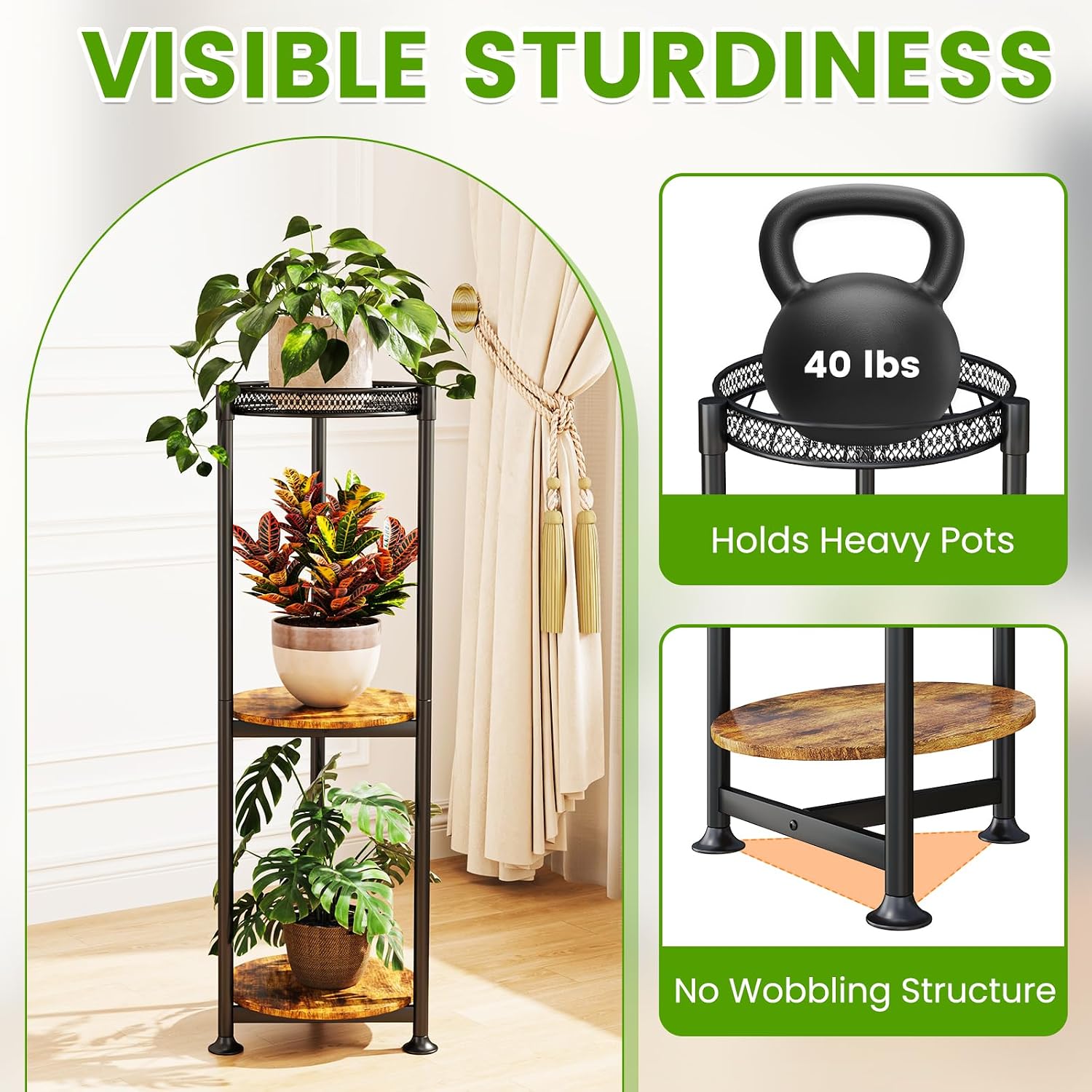 Detalle de Atpddpey 3-Tier Plant Stand, Metal and Wood Corner Shelf