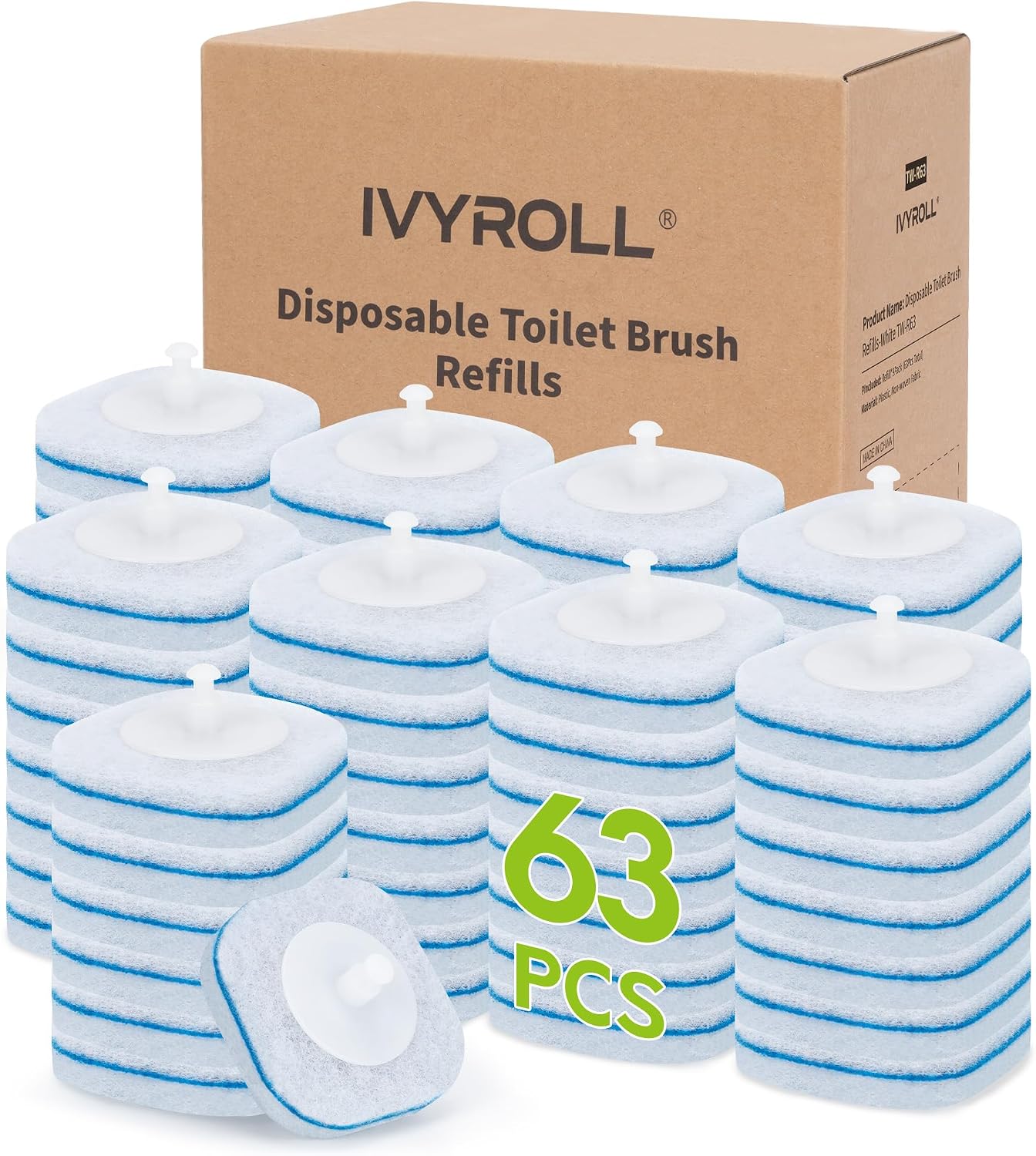 Detalle de IVYROLL TW-R63 Toilet Wand Refills, 63 Count, Triple-Layer Scrubbing Pads