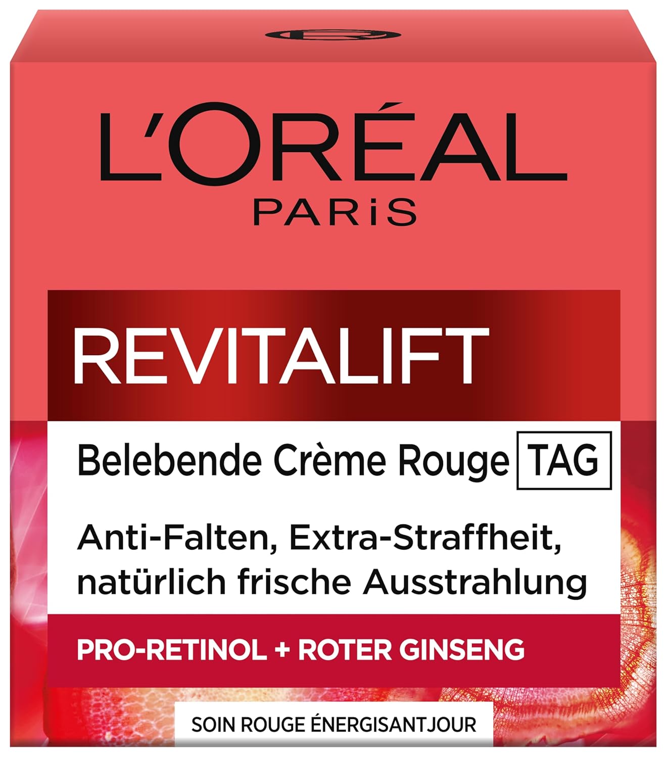 Detalle de L’Oréal Paris Revitalift Créme Rouge Tagespflege – Straffende Pflege mit Soja-Proteinen & Hefe-Extrakt (50 ml)