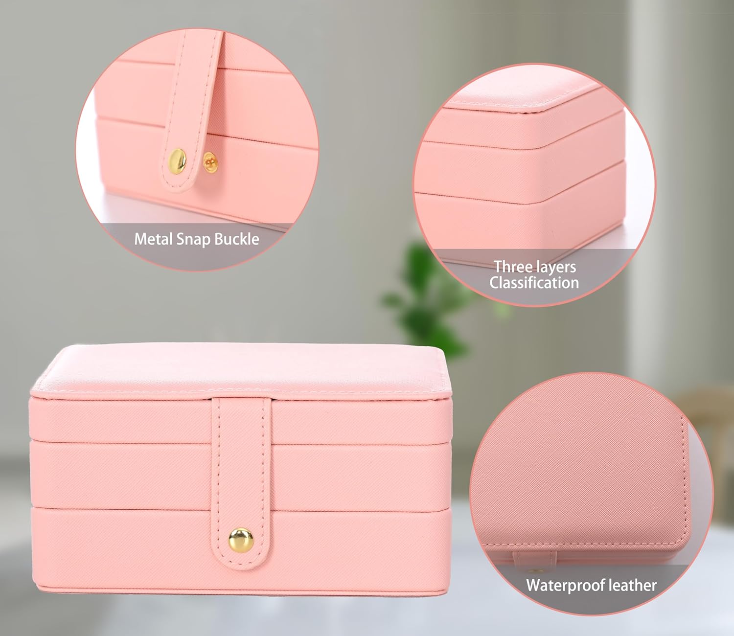 Thumbnail 3 de Jewelry Box: 3-Layer Leather Jewellery Storage Box – Small Travel Organisation (Pink)