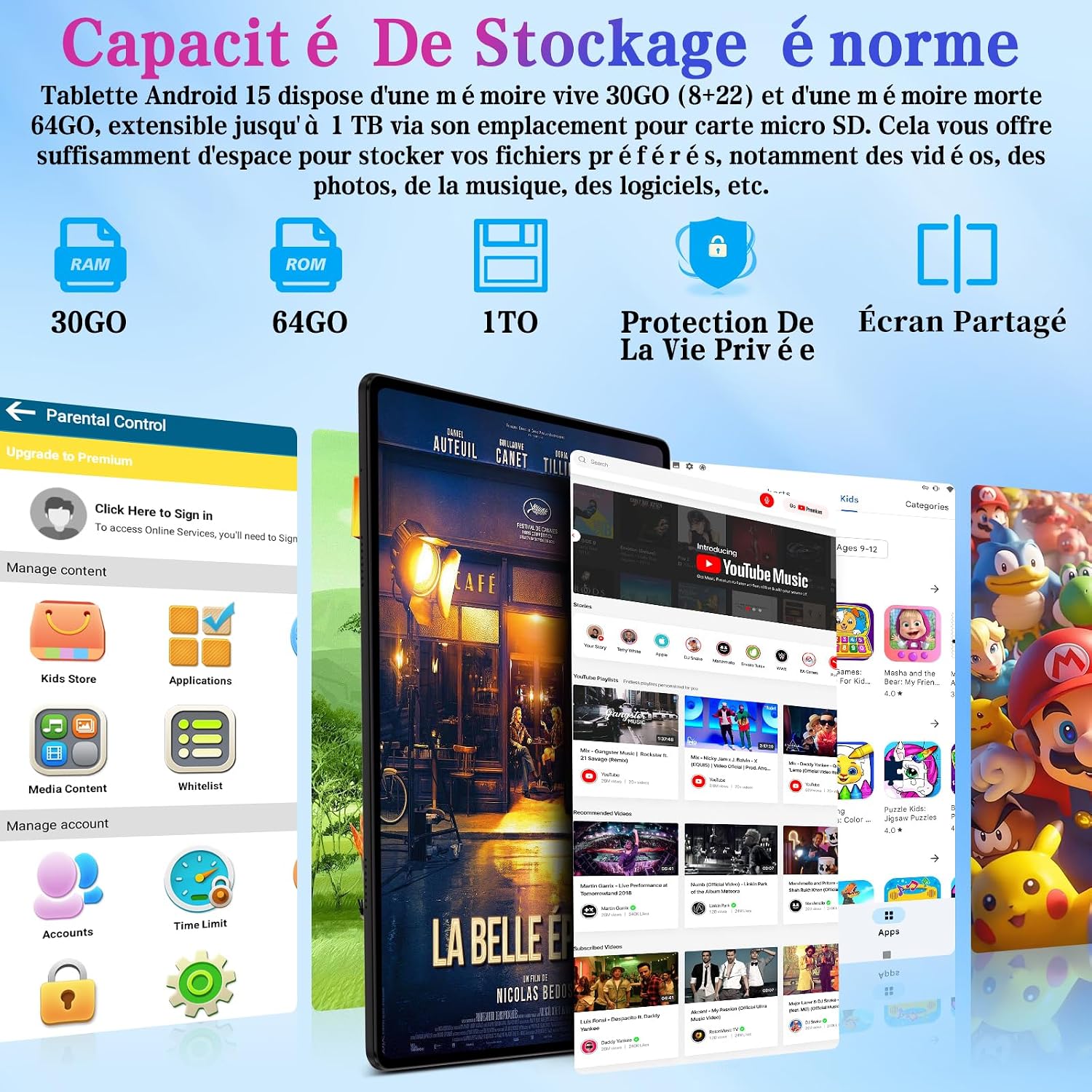 Detalle de ZIOVO Tablette Enfants Android 15 10" • 30Go RAM + 64Go ROM + Ext. TF 2To • Gemini AI • Face ID • 6000 mAh