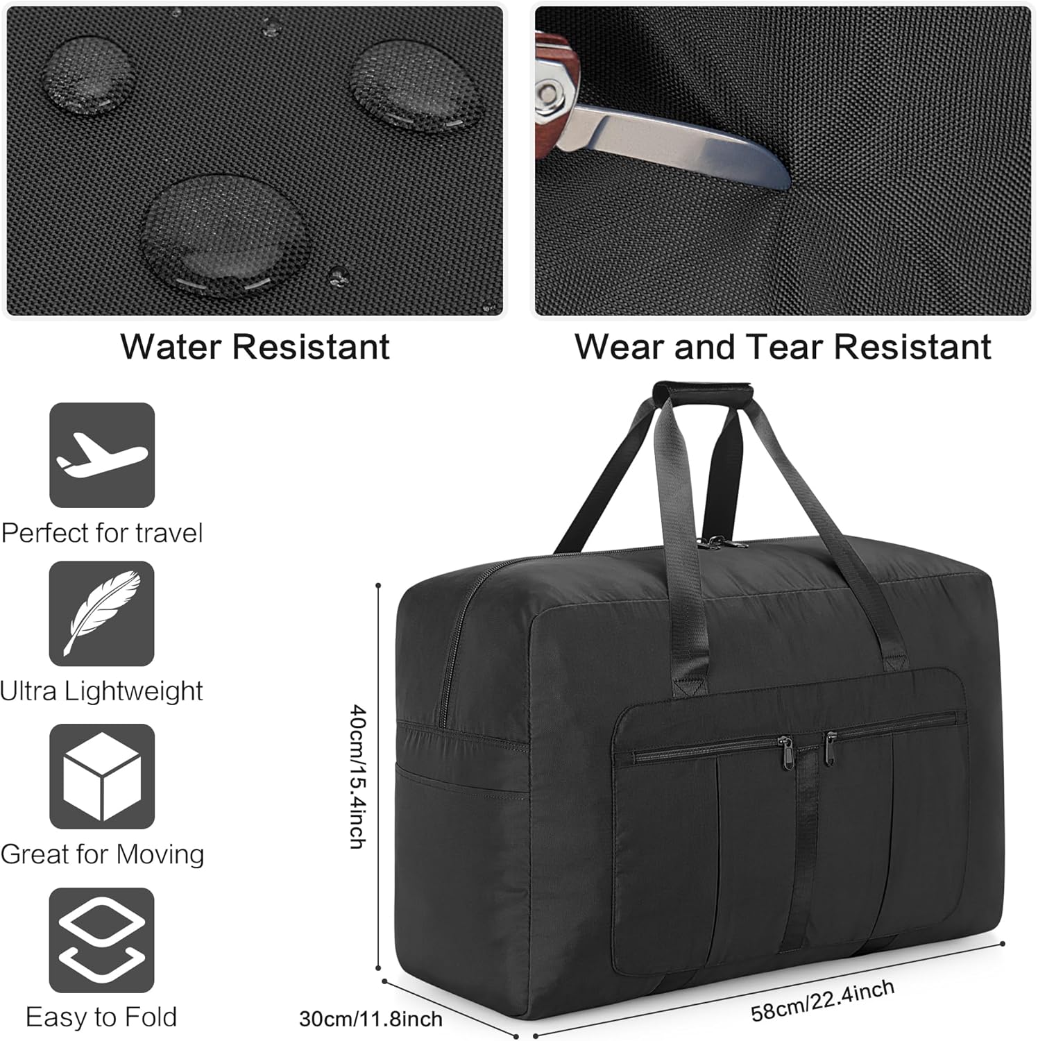 Detalle de YOUNGOA Grand Sac de Voyage 70L - Grand sac pliable étanche 58 x 30 x 40 cm, XL noir