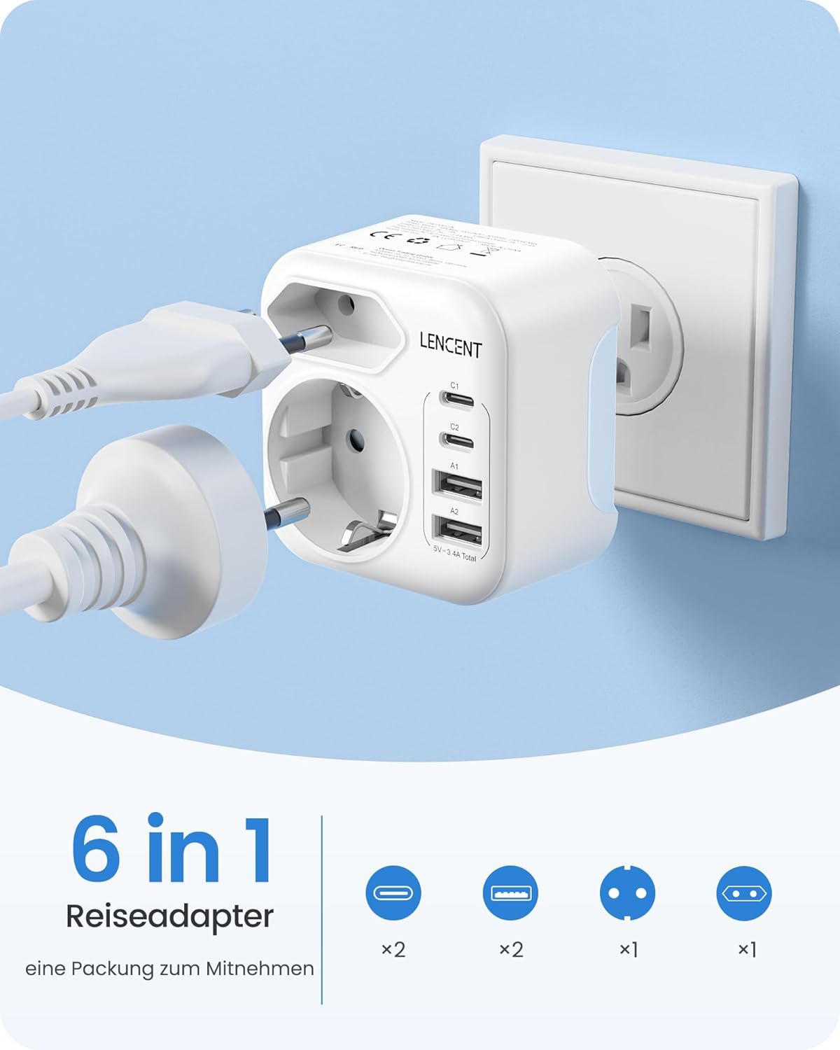 Thumbnail 6 de LENCENT Reisestecker USA–DE mit 2x USB‑C, 2x USB‑A 🔌