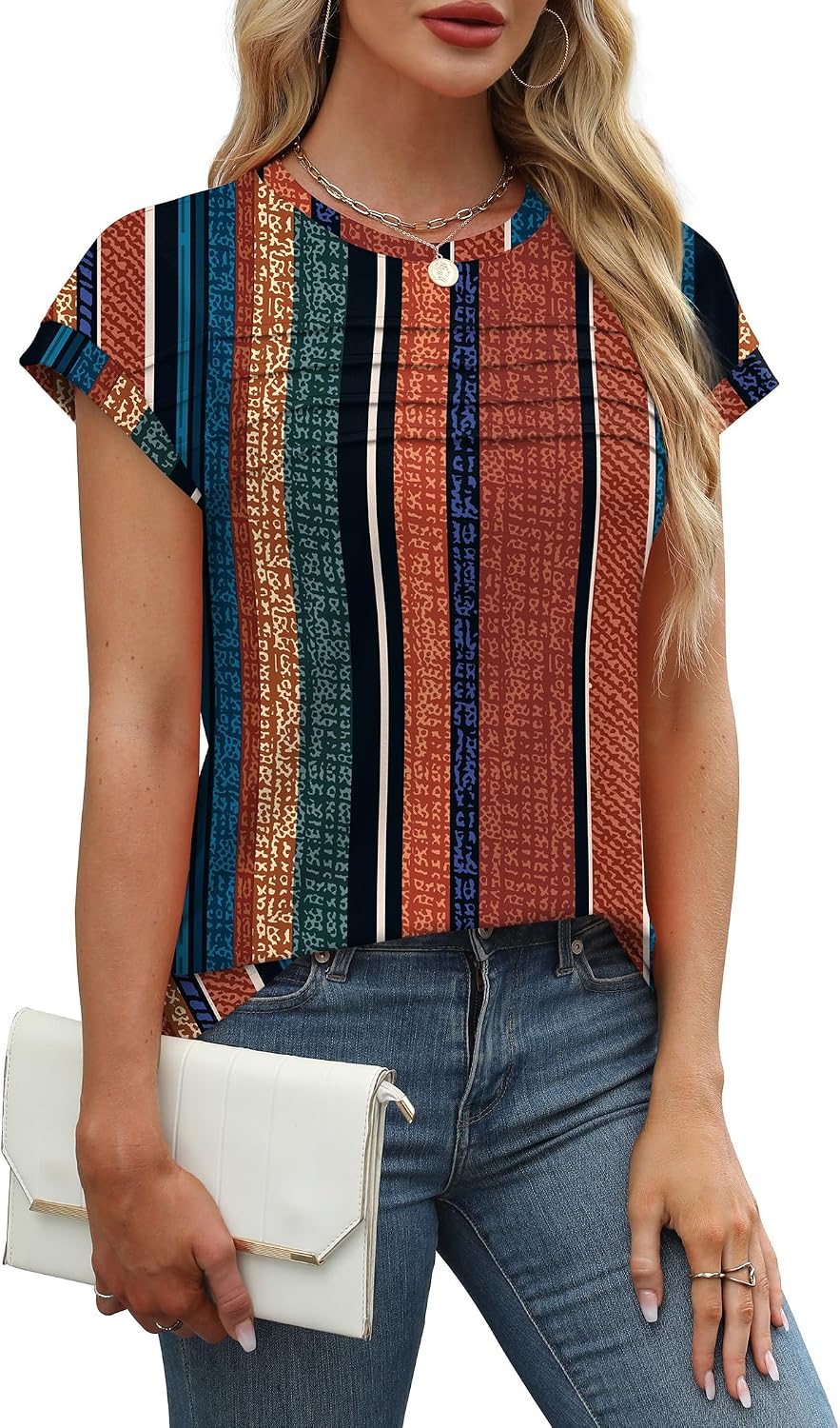 Detalle de WEESO Womens Summer Tops Trendy 2026 Cap Sleeve Pleated Front Crew Neck T-Shirts