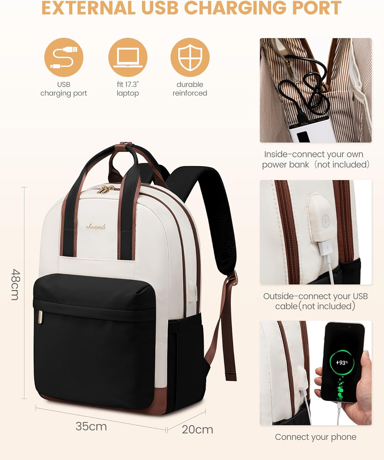 Detalle de LOVEVOOK Rucksack Damen Groß – 17,3 Zoll Laptop Tasche mit USB-Anschluss, Anti-Diebstahl & wasserdicht
